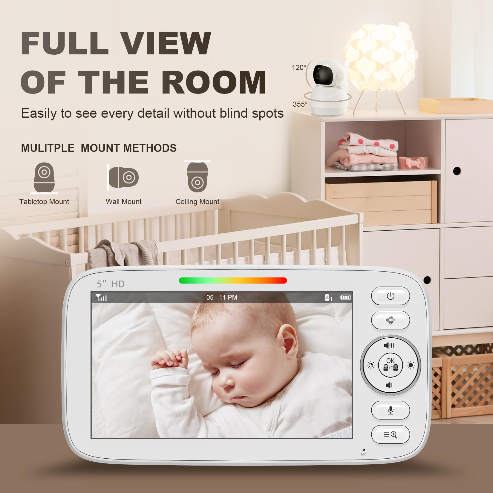 Kidsneed Monitor de bebé de pantalla dividida de 5 pulgadas con 2 cámaras HD 720P y audio, sin WiFi, 48 horas de duración de la batería, visión nocturna, panorámica, inclinación y zoom remotos