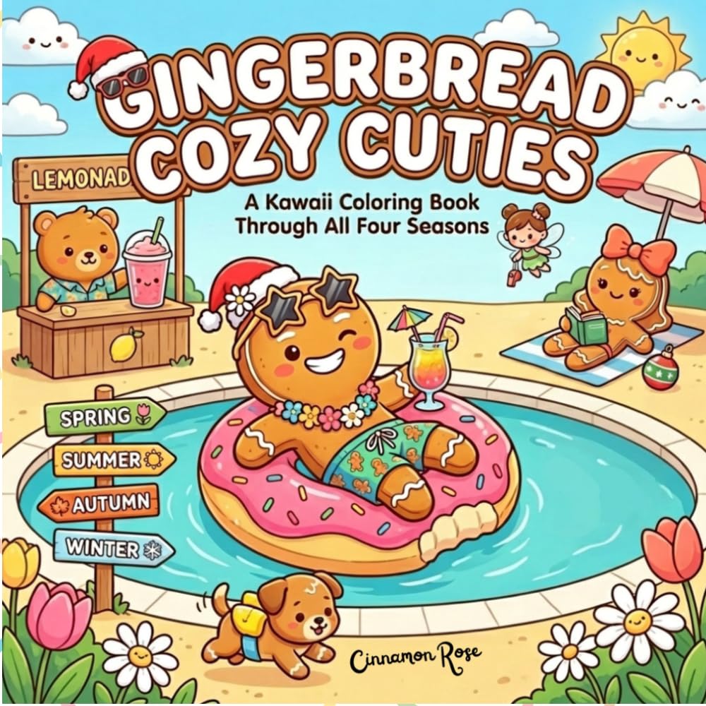 Gingerbread Cozy Cuties: A Bold and Easy Kawaii Coloring Book for Kids and Adults | 40 Cute Chibi Gingerbread Scenes Through All Four Seasons | Stress Relief Cozy Coloring Book with Bonus Pages