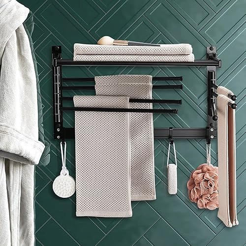 Miniatura 6 de Tendedero para ropa montado en la pared, tendedero para ropa sucia con brazos giratorios para toallas y ganchos para colgar, organización de espacio