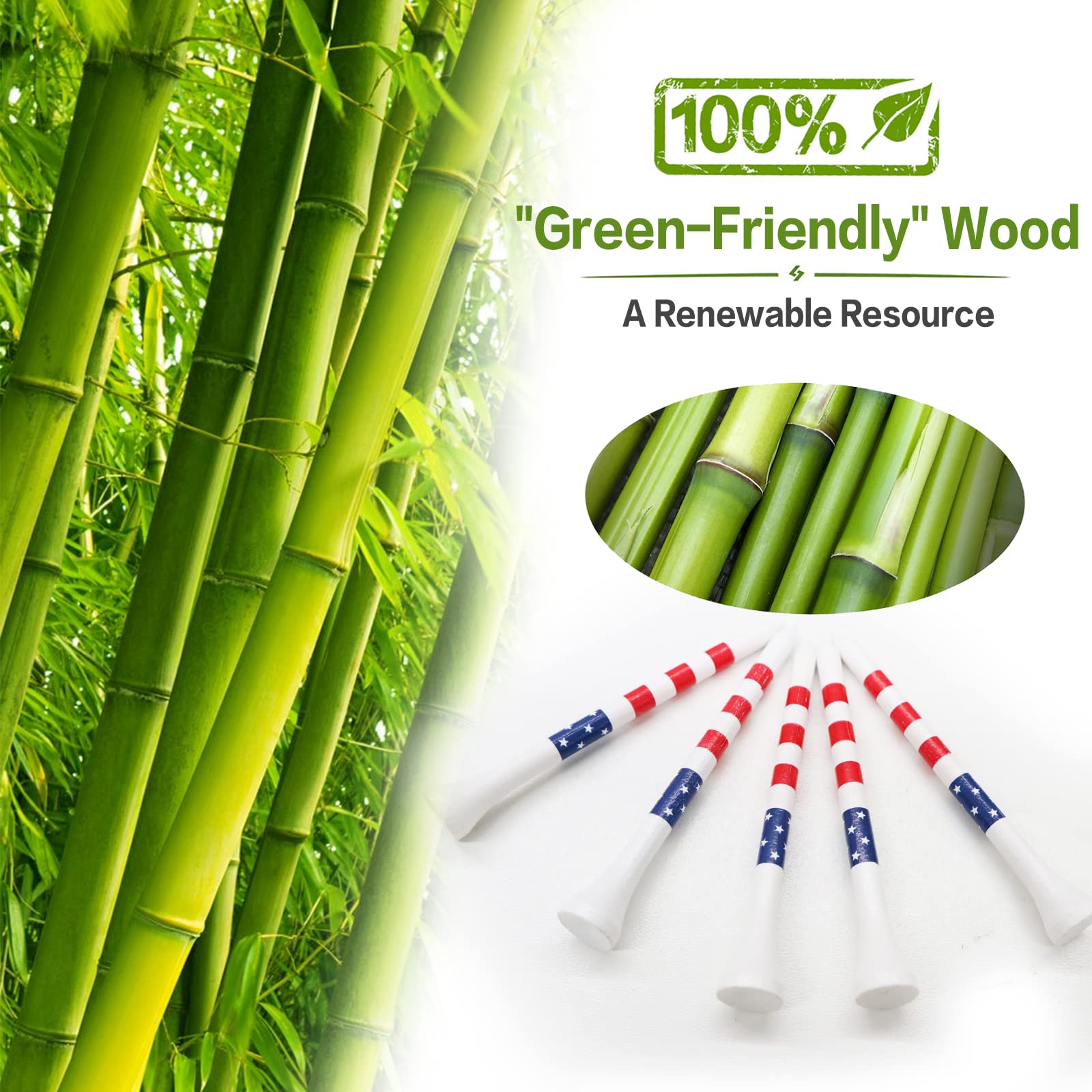 FINGER TEN Golf Tees Wood 3 1/4 2 3/4 Inch Wooden Bamboo 50/120 Count, Durable Biodegradable Colored Bulk Tee 70mm 83mm (USA Flag, 2 3/4 Inch(50 Pack))