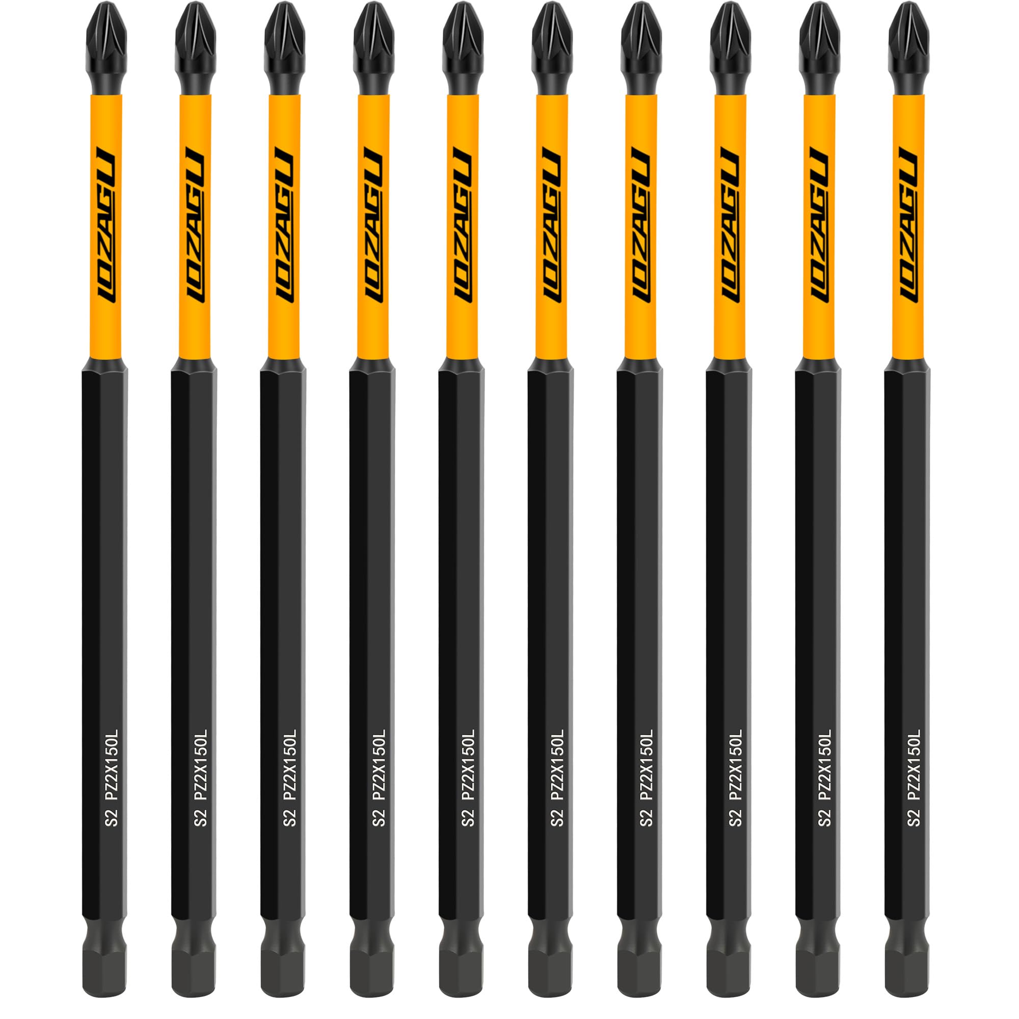 LOZAGU 10-Piece 152mm PZ2 Magnetic Impact Long Screwdriver Driver Bits Set Pozi Pozidriv Heavy Duty with Storage Box