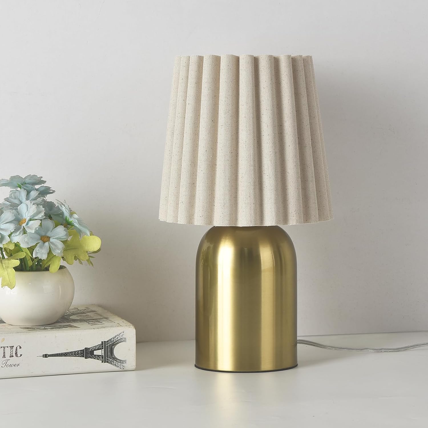 12.2 Inch Mini Table Lamp with Scalloped Wave Linen Shade, Modern Gold Metal Base Cute Nightstand Lamp, Decor Small Desk Light for Bedroom, Living Room, Bookshelf, Kitchen Counter, Kids Room, Office