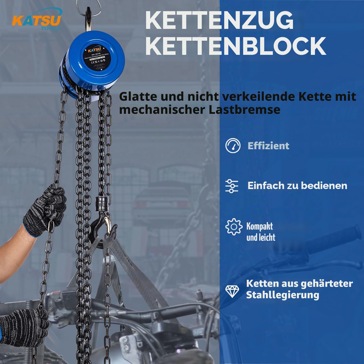 KATSU Tools Kettenzug 1000kg 3m Hubhöhe, Robuste Haken mit Sicherheitsbügel, Kettenblock, Garage Automotor Schwerlast-Hebewerkzeug 181740