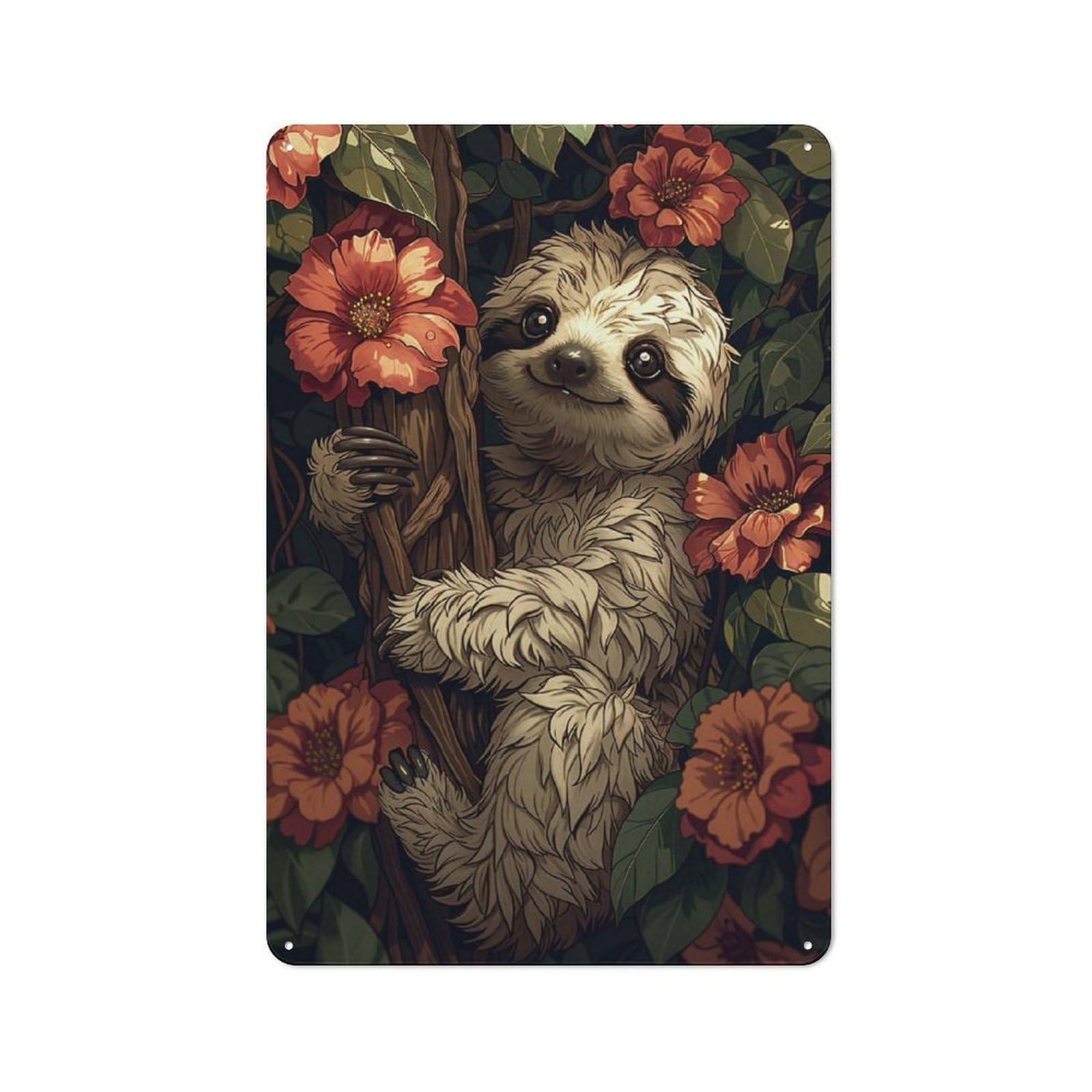 Junmoney Smiling Sloth In Flowers Tin Wall Plaque 30X20cm With For Garage Or Workshop, For An Autumn Wall Display In Garage And Workshop