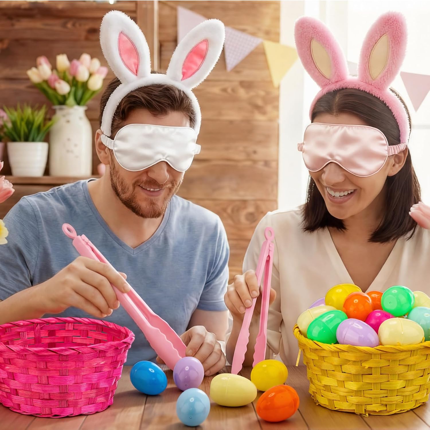 Tigeen 90 Pcs Easter Egg Clips Race Game - 2 Set Easter Blind Game for Group Family Adults, Outdoor Indoor Party Games & Activities, Including Ear Headbands, Blindfolds, Clips, Baskets & Colorful Eggs