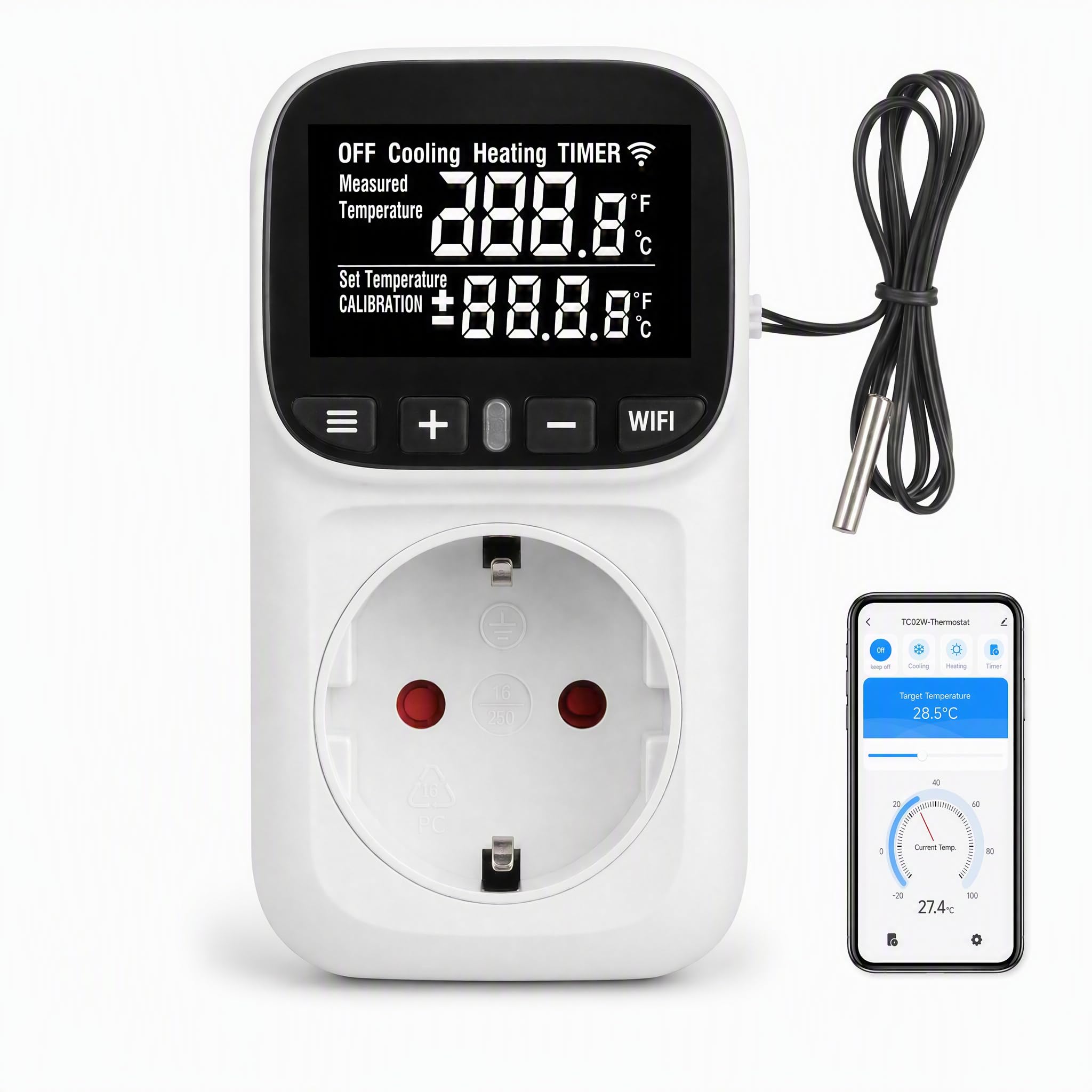 WiFi Temperaturregler Steckdose 230V mit Fühler, Thermostat für Gewächshaus
