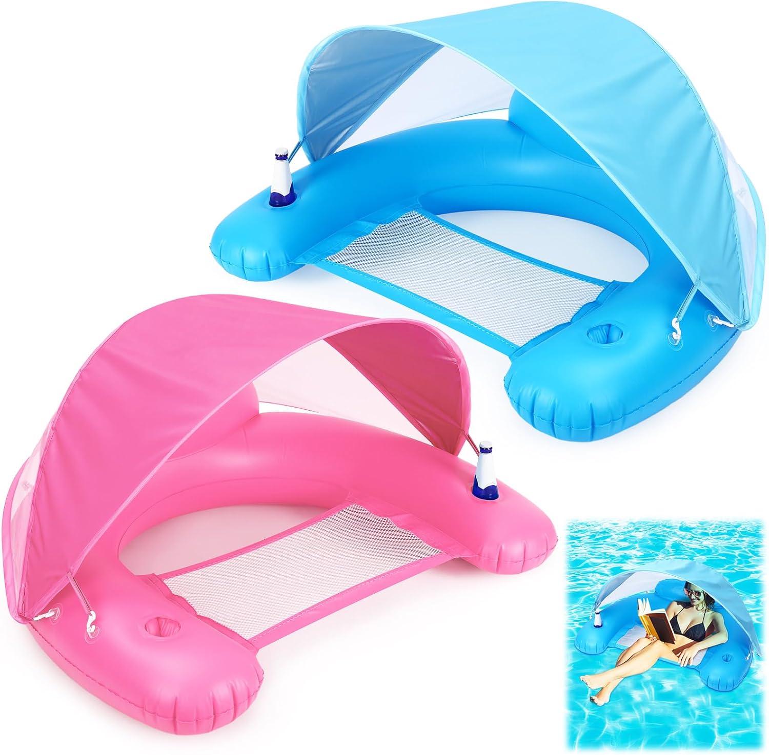 2 Pcs Large Pool Floats with Canopy for Adult, XL Inflatable Floating Chair for Pool Swimming Pool Floats Adults with Adjustable Sun Shade Cup Holder Women Beach Pool Favor(Blue and Pink)