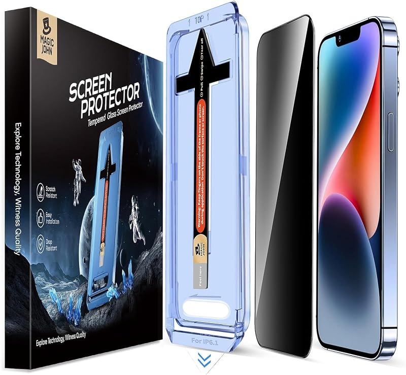 MAGIC JOHN Privacy 2 Pack for iPhone 13/13Pro/14/16e Glass Screen Protector | 6.1 inch,Easy Installation,Auto Dust-Elimination,Bubble Free,Tempered Glass