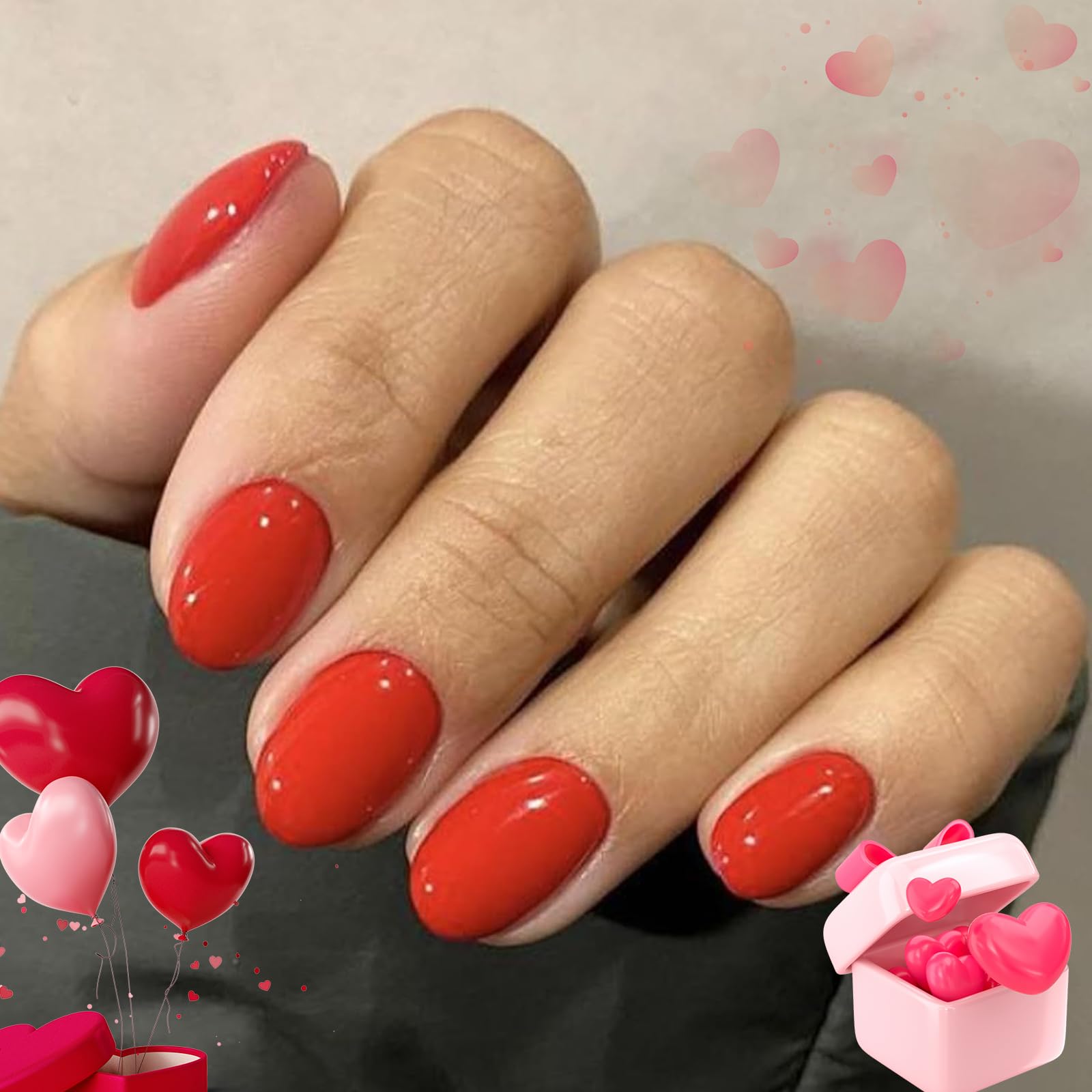 Red Short Press on Nails Oval Fake Nails with Nail Glue, Adhesive Tabs, Nail File, Prep Pad, Manicure Stick, 32Pcs 16 Sizes, Valentines