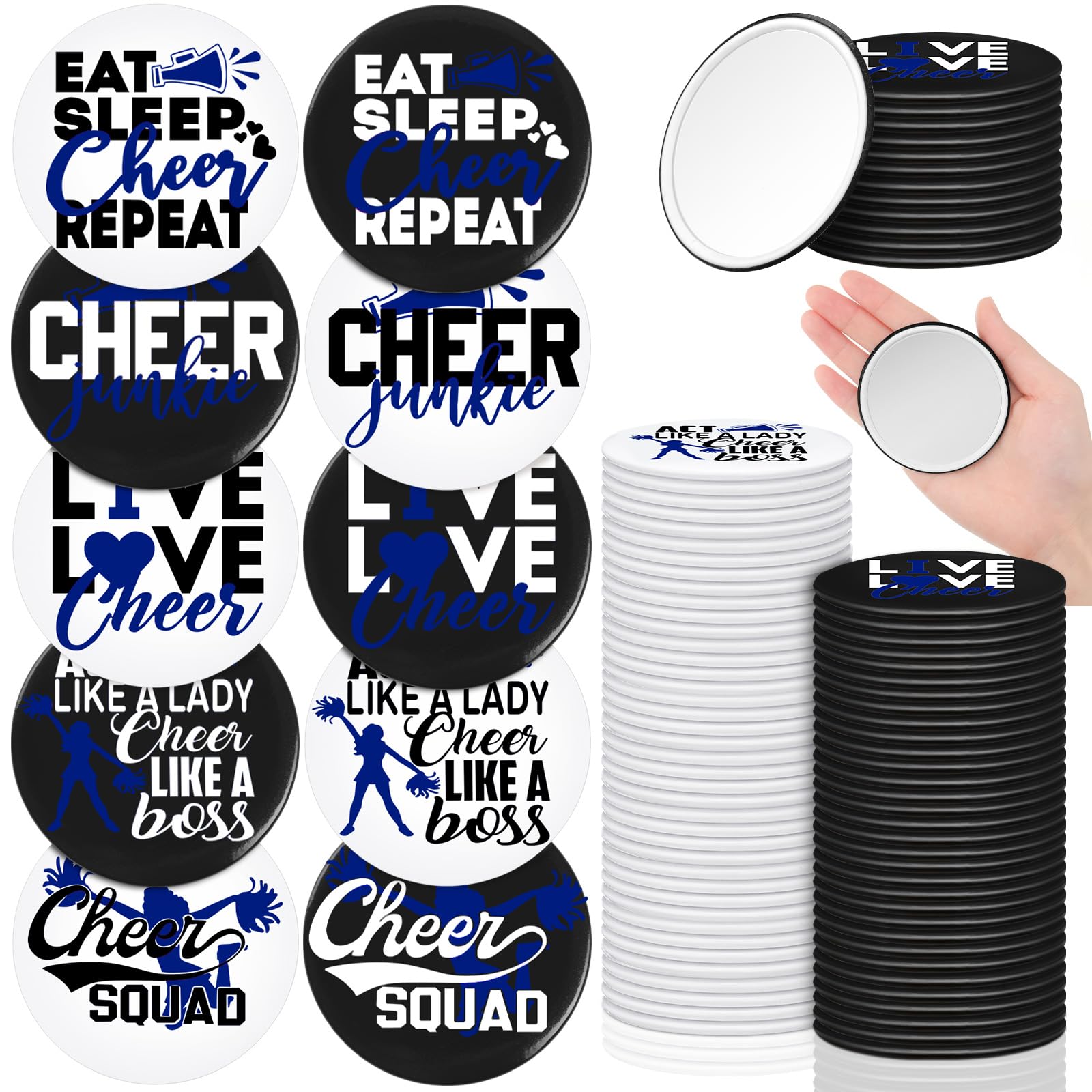 Threehoney 50 Pcs Cheerleader Gifts for Team Bulk 2.68 Inch Mirror Cheerleading Gift for Girls Cheer Party Favors Team Coach Stuff Accessories(Blue)