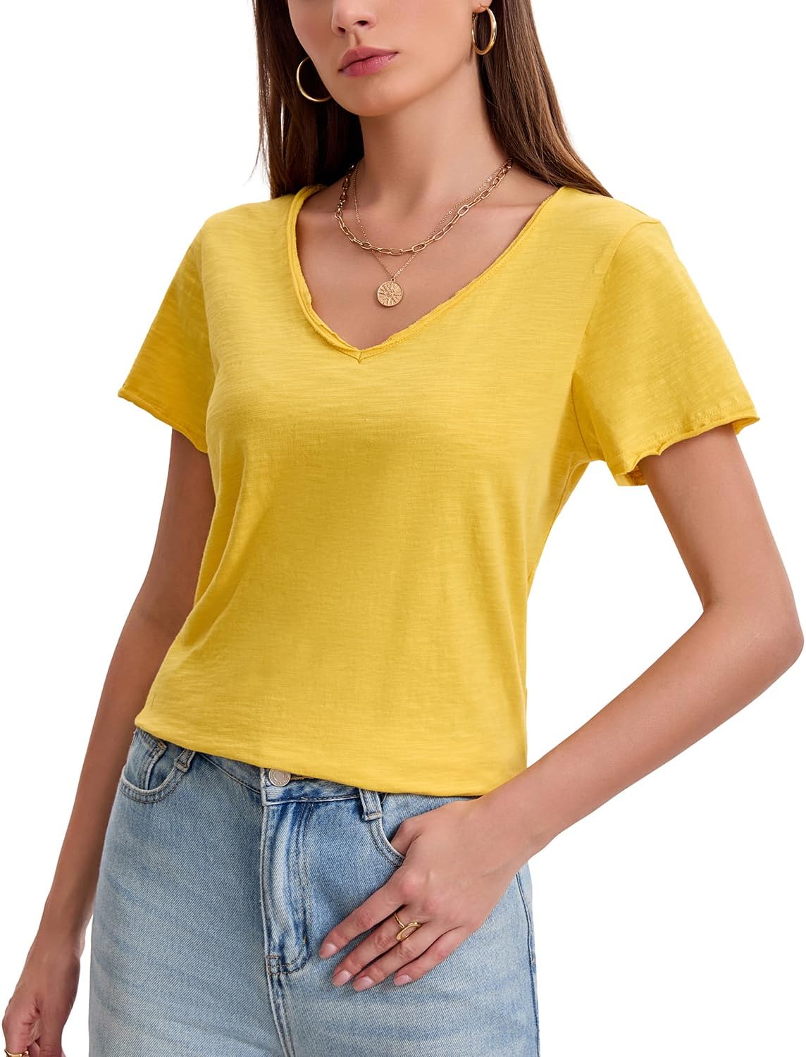 Inadays Womens Slub Cotton T Shirts Short Sleeve V-Neck Raw Hem Summer Tops Loose Fit Tee Basic Clothes Fashion Outfits - Image 3