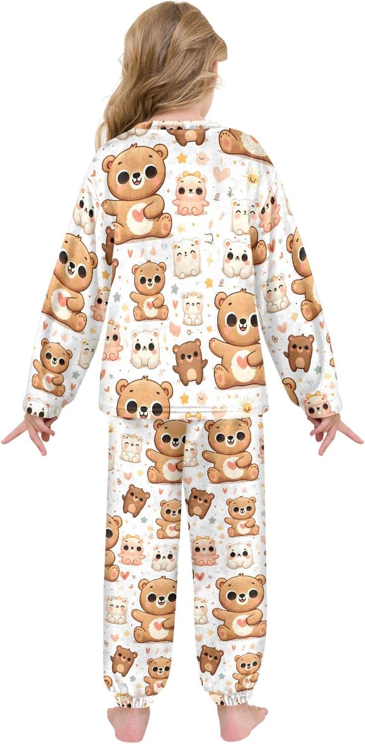 Kids Flannel Sets Cute Happy Bear with Heart Warm Plush Relaxed Clothing for Boys and Girls