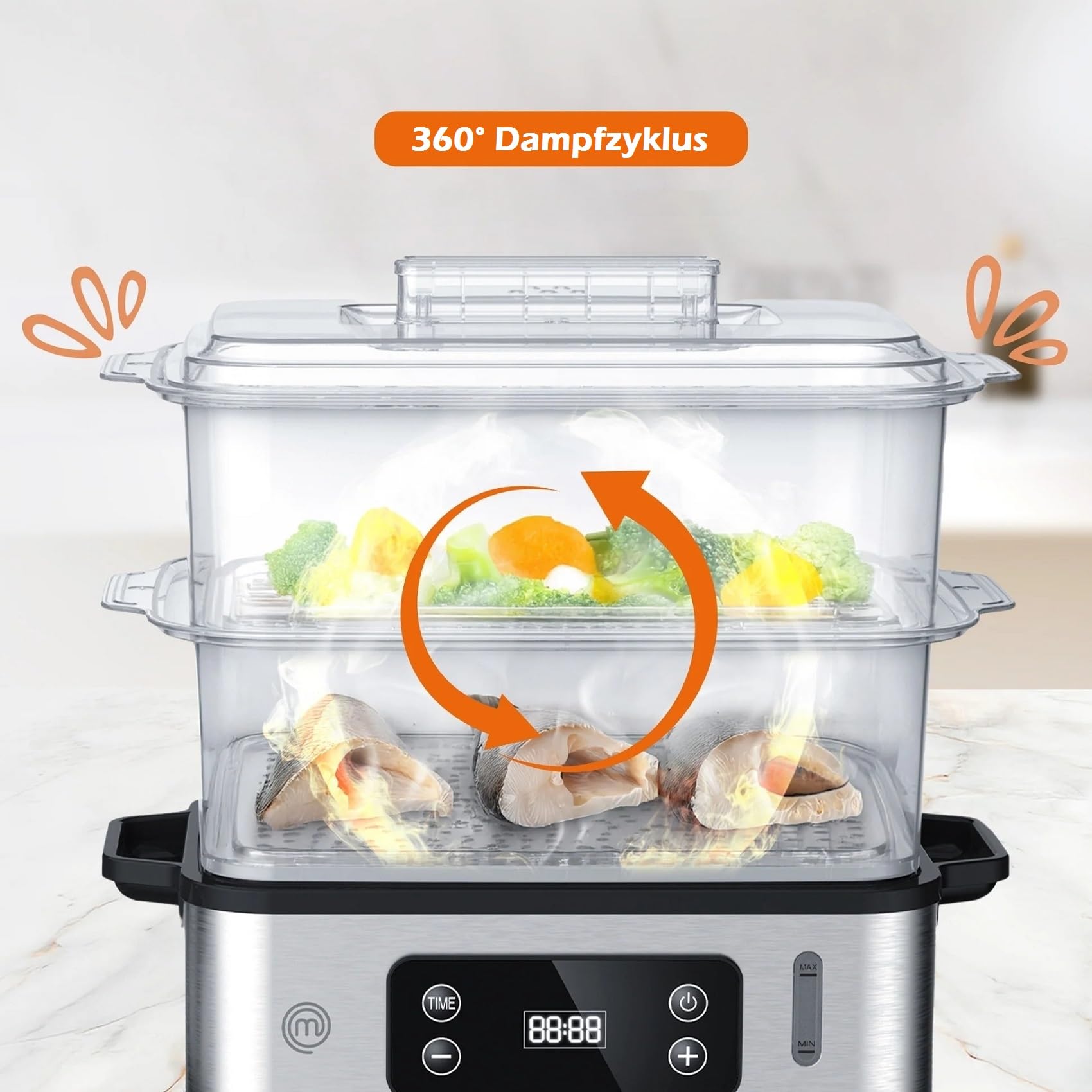 Ambiano Dampfgarer Edelstahl 1000 W 12,0 l 3 Ebenen BPA frei TÜV/GS