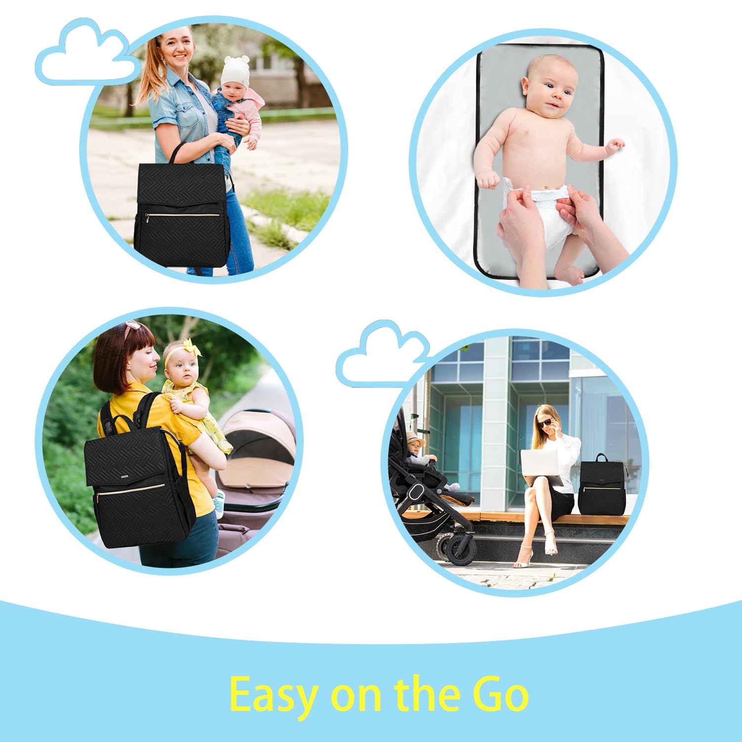 LANDICI Sac à langer multifonction pour bébé, sac à dos élégant avec matelas à langer, sangles de poussette pour maman, papa, garçon, fille
