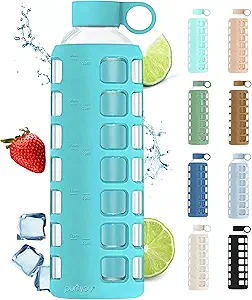 purifyou 40/32/22/12 oz Glass Water Bottles, Reusable with Time & Volume Markings, Non-Slip Silicone Sleeve, Stainless Steel Lid, for Water, Milk & Juice (32oz OceanMist)
