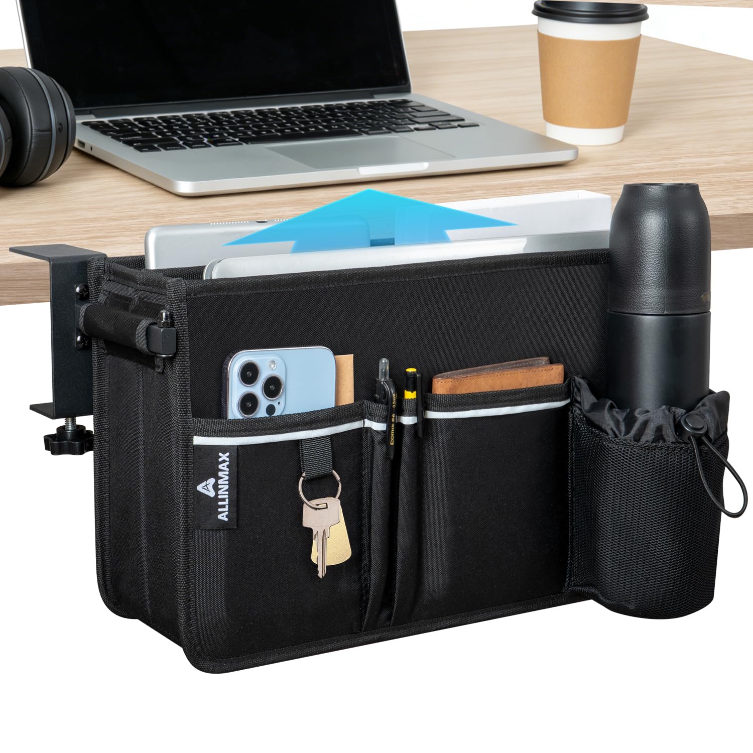 Desk Side Storage Organizer for Up to 3 Laptops, Soft Lining Protects Devices, Adjustable Divider & Bottle Holder, Easy Clamp Install Laptop Desk Holder, Side Desk Storage, Fits 0.6″-3.2″