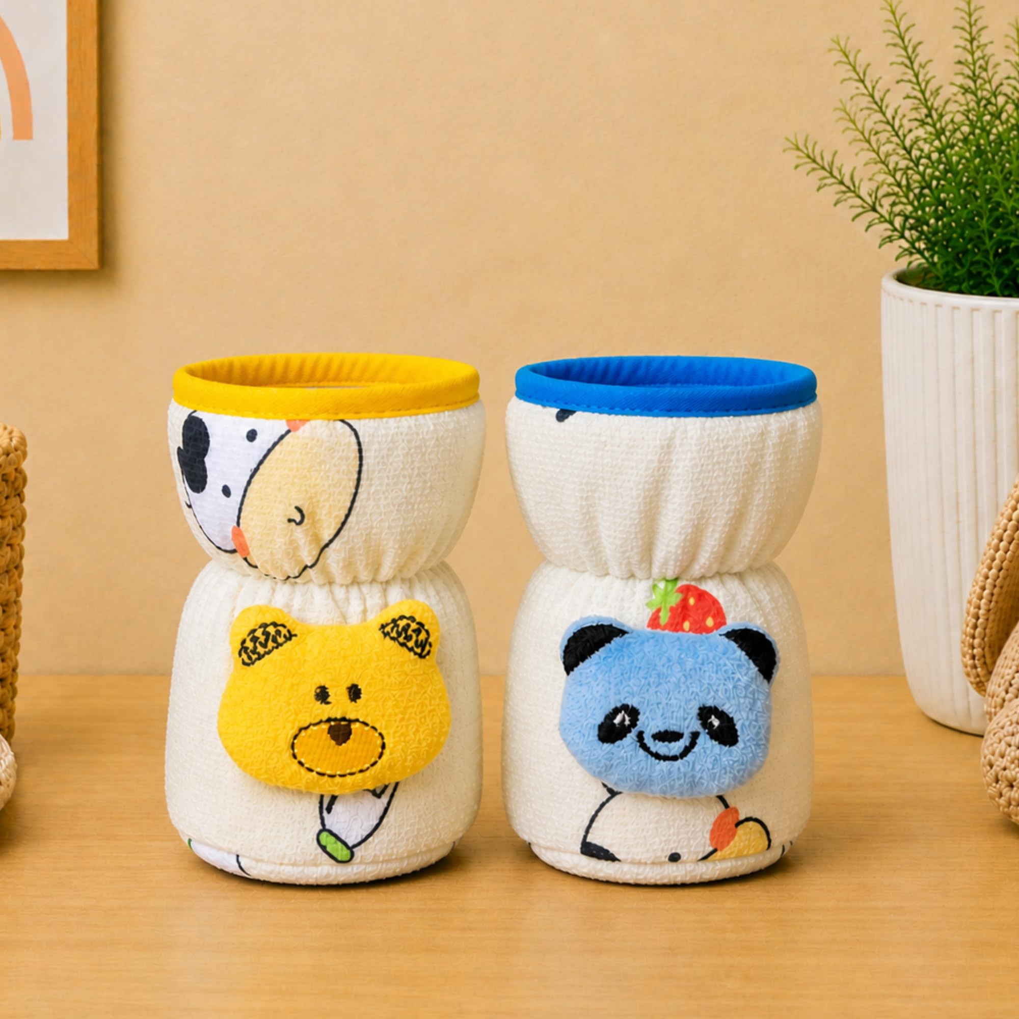 THE LITTLE LOOKERS Baby Feeding Bottle Cover with Easy to Hold Strap | Narrow Neck Soft Plush Stretchable Baby Feeding Bottle Tote Bag Cover Pack of 2 (Yellow & Blue, 60ml)-image-14