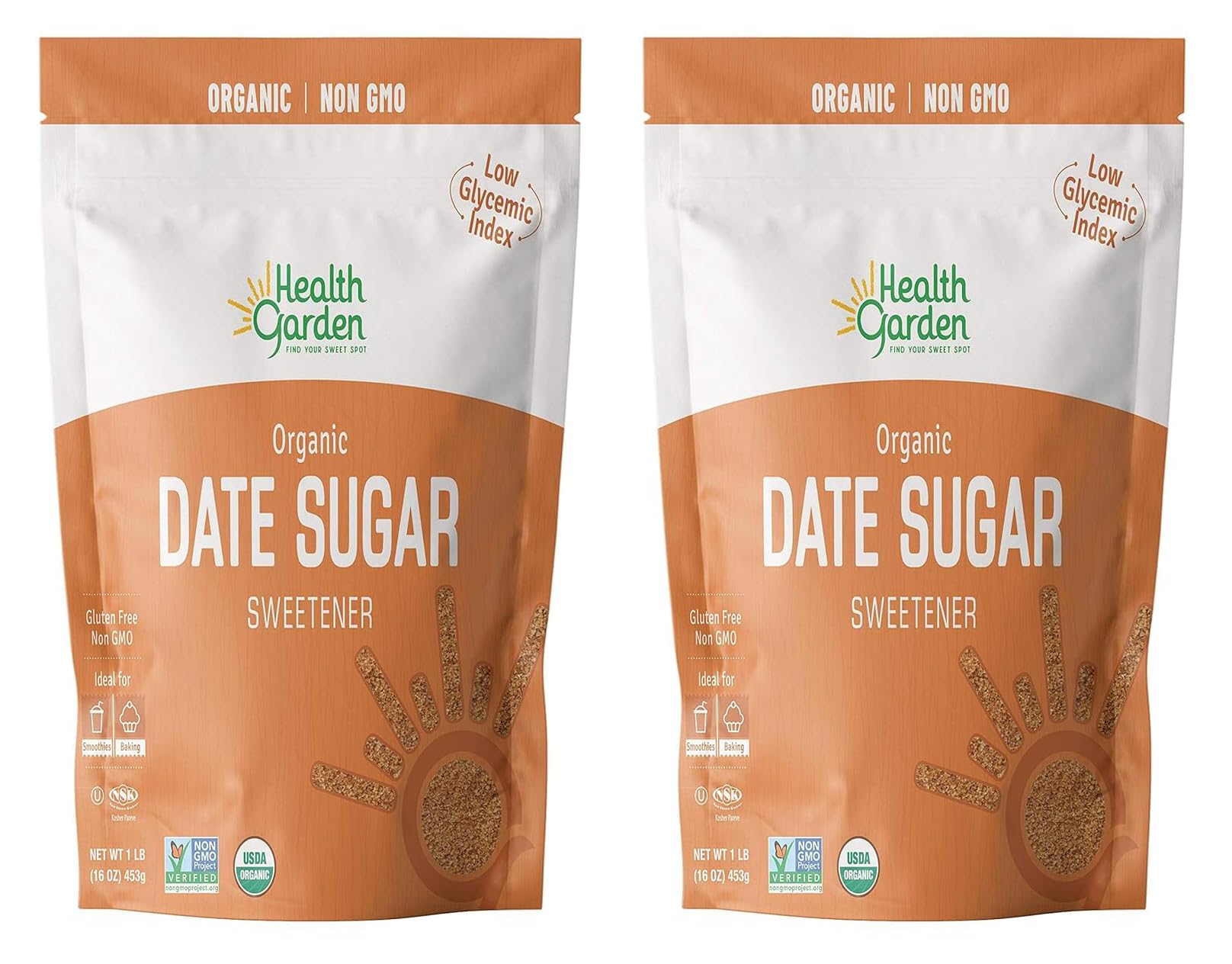 Health Garden Date Sugar (16 OZ), Organic Date Sugar Sweetener, All-Natural Dried Ground Dates, Rich in Vitamins and Minerals, No Gluten, Non-GMO, Low Glycemic Sugar Substitute (1 LB pack of 2)