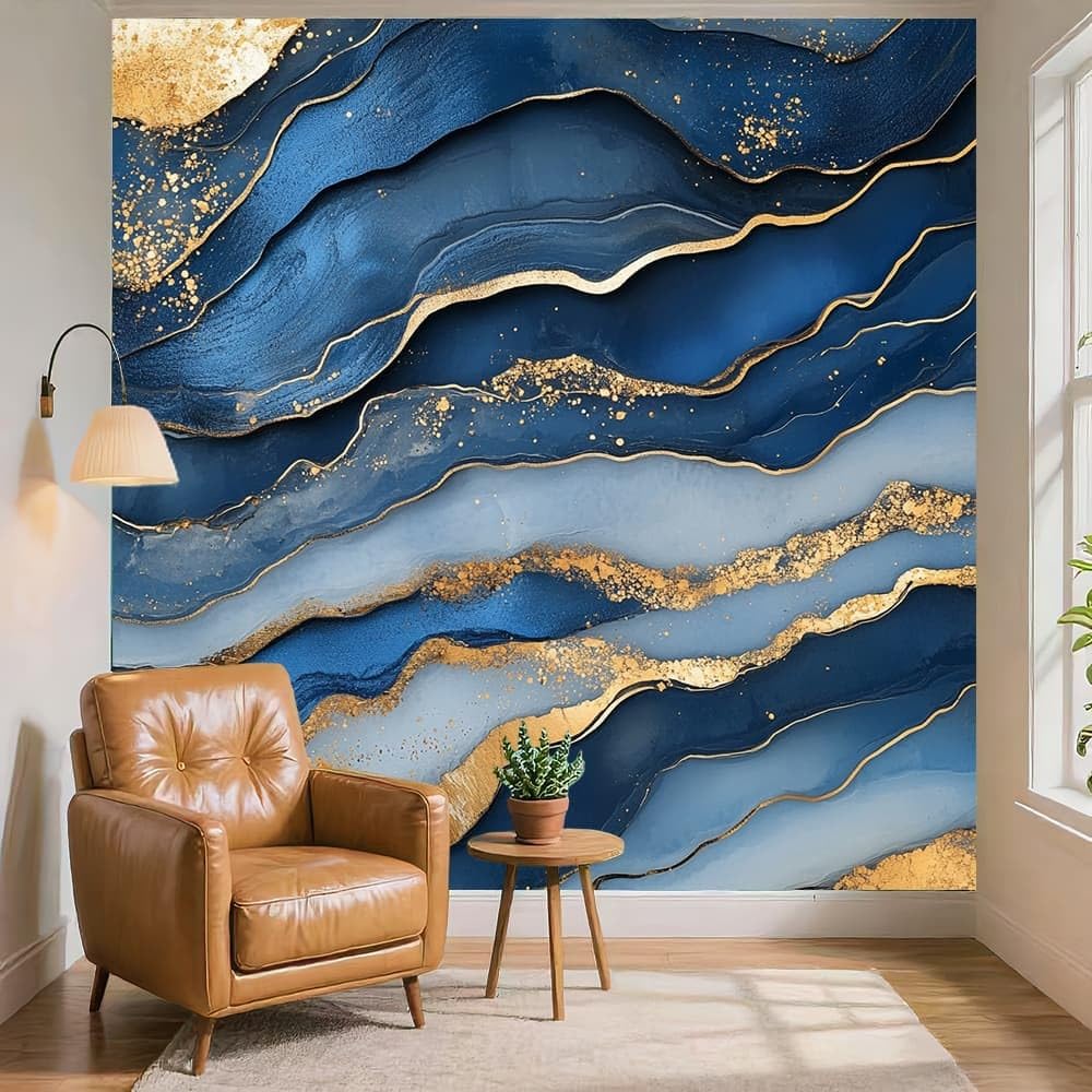 Moda Fototapeta 350 x 256 cm Luksusowy marmur Tekstura 3D Wymienny Niebieski Panoramiczny Salon Sypialnia Biuro Tapety, Hd Zdjęcie