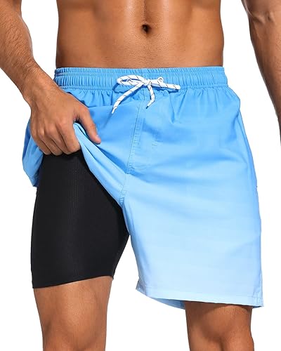 SILKWORLD Traje de baño para hombre con forro de compresión 2 en 1, de secado rápido, pantalones cortos de playa con bolsillos con cremallera