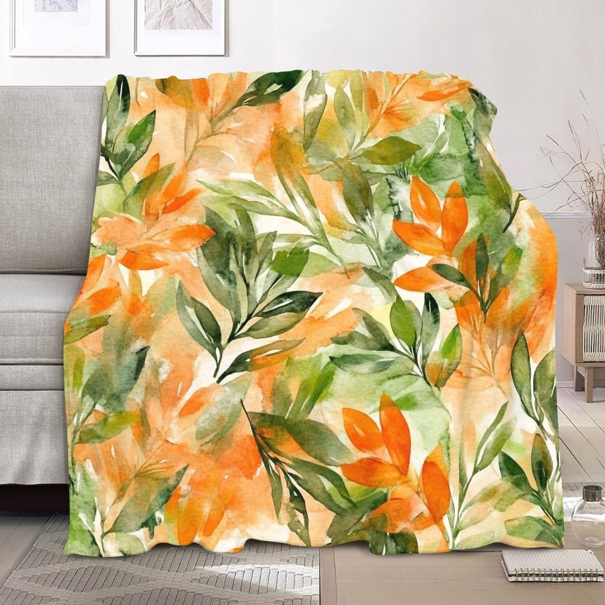 Przytulny koc polarowy XXL, 180 x 200 cm, tropikalny, akwarelowy, rośliny, kwiaty, koc wełniany, ciepły, miękki, pomarańczowo-zielony, narzuta na sofę, łóżko, dekoracja pomieszczenia