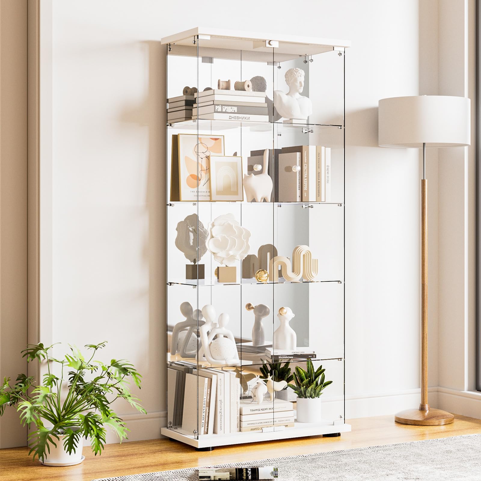 Glass Display Cabinet 5-Shelf with Door, Lock and Mirror,4mm Tempered Glass Floor-to-Ceiling Glass Bookcase for Bedroom, Living Room, White