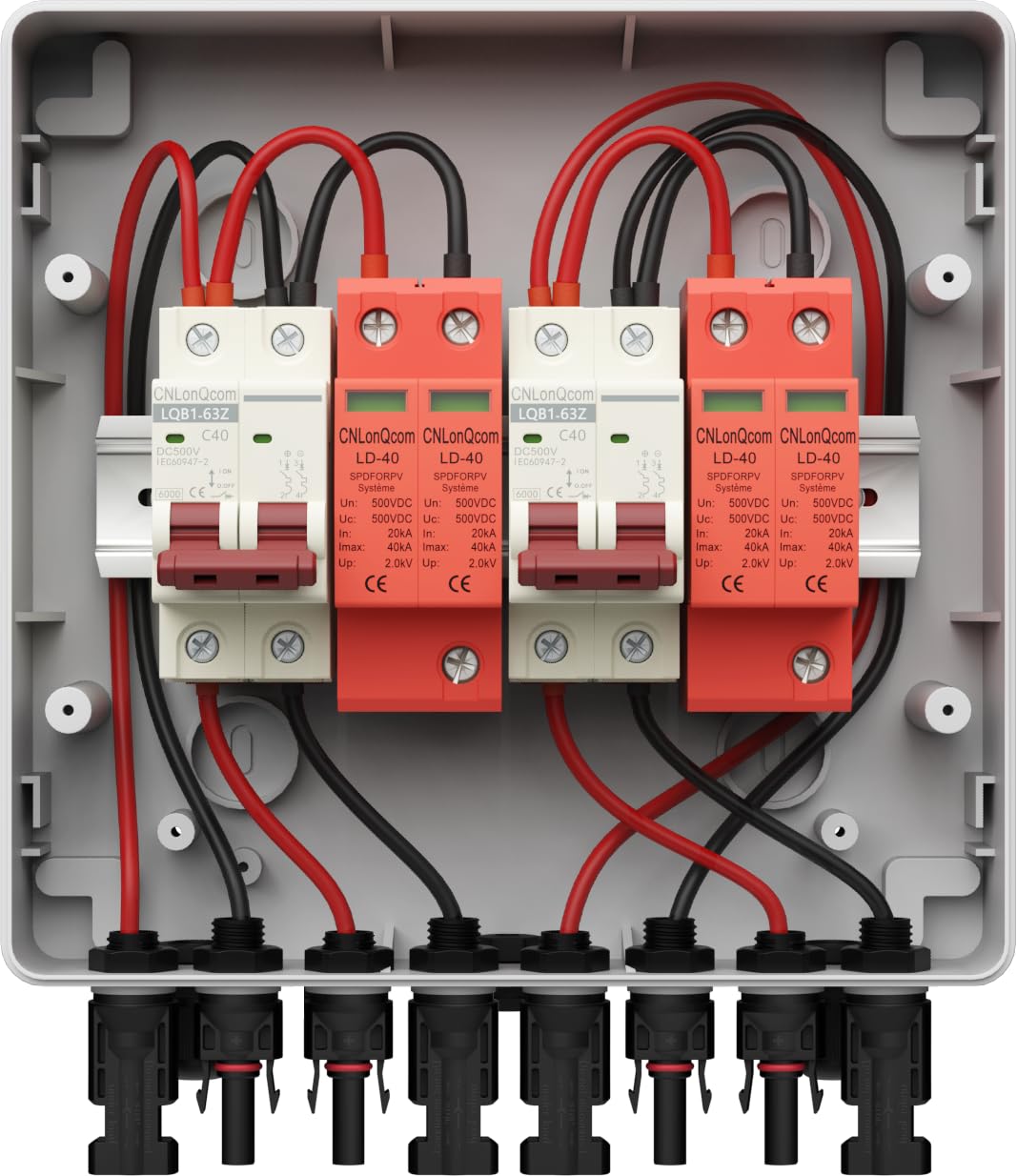 Protezione da sovratensione pv - 500V MCB+SPD scatola di collegamento solare, protezione da fulmini dc interruttore di sezionamento pv impianto 2 string 2 in 2 out, DC Combiner box interruttore
