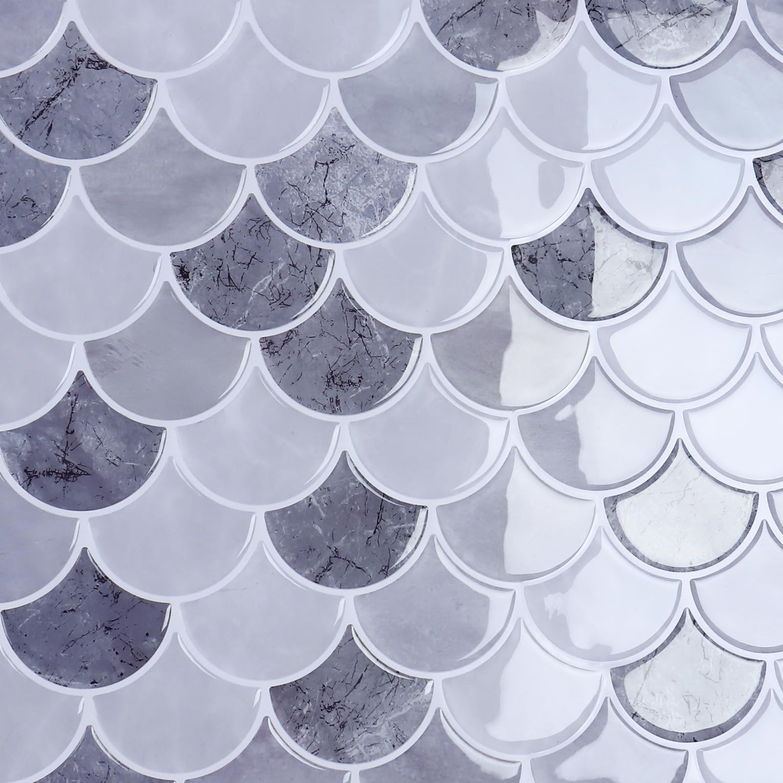 CRE8TIVE Azulejos Adhesivos Azul Gris 16 Piezas Cenefa Adhesiva Cocina Efecto Marmol Forma de Abanico Baldosas Adhesivas Pared Mosaico Azulejos Adhesivos Cocina Lavadero Escaleras 30.5cm x 30.5cm