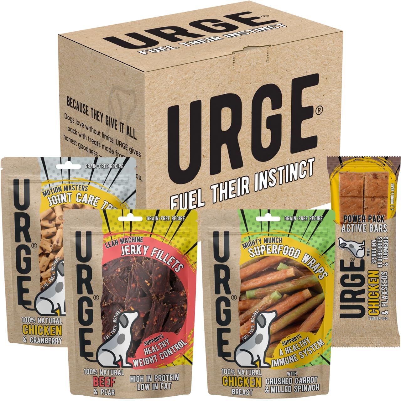 URGE Active Bundle Daily Dog Treats - 8 x 100g Bags - Variety Box - Low Fat Jerky - Joint Care Treats - Active Bars - Superfood Wraps - 100% Grain Free
