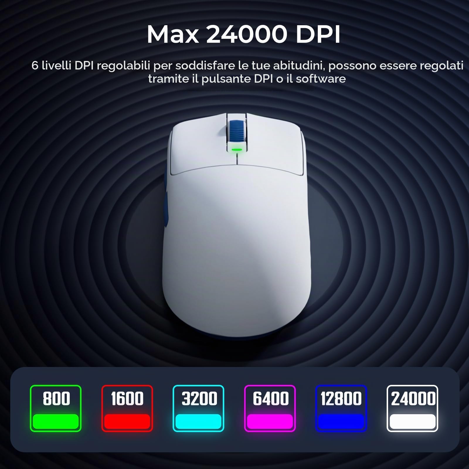 RK ROYAL KLUDGE M30 Mouse Gaming Wireless, 12K DPI, 43g Ultraleggero, BT5.1/2.4G/USB-C, Mouse Ergonomico con Sensore PAW3311, Batteria Ricaricabile 250mAh, 5 Pulsanti Programmabili per PC/Mac, Bianco