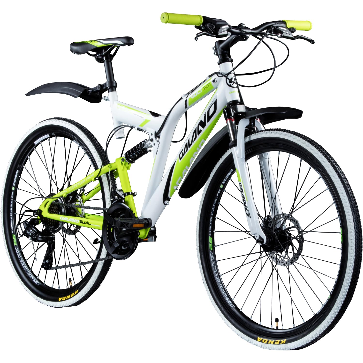 Galano Volt DS Mountainbike für Mädchen und Jungen ab 160 cm, Jugendfahrrad Unisex mit 21 Gangschaltung und Scheibenbremsen, Fahrrad MTB Fully Schutzblech (weiß/grün)