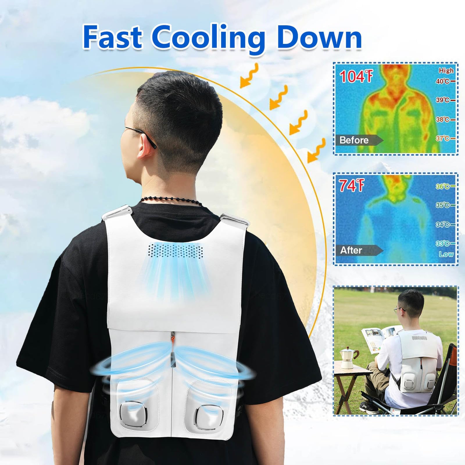 Kamizelka chłodząca z wentylatorami z 2 wentylatorami + 1Gel Cooling Main Unit, letnia kamizelka chłodząca Bateria zasilana wentylatorem do pracy, wędrówki i wędkowania w cieple