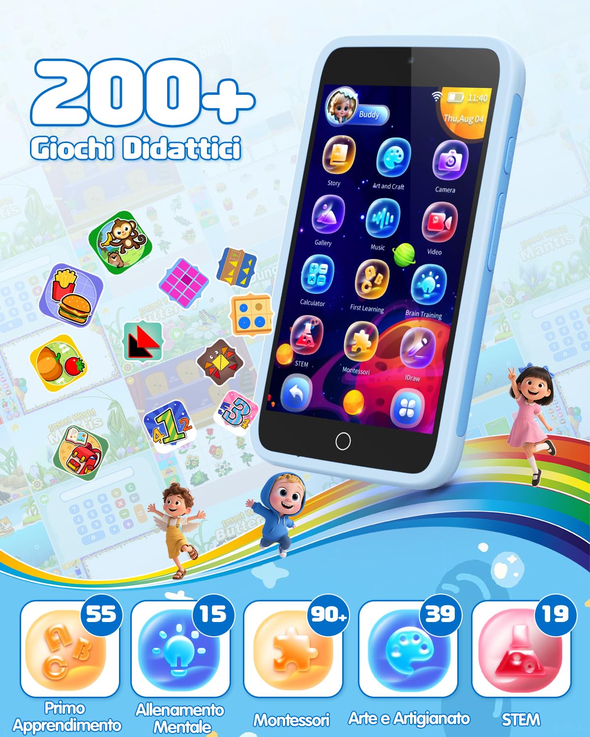 Telefono Giocattolo per Bambini, 3.97" Cellulare per Bambini 3 4 5 6 7 8 9 10 11 12 Anni con 200+ Giochi, Doppia Fotocamera, Controllo Parentale, Telecamera, Musicale, Regalo di Compleanno Natale