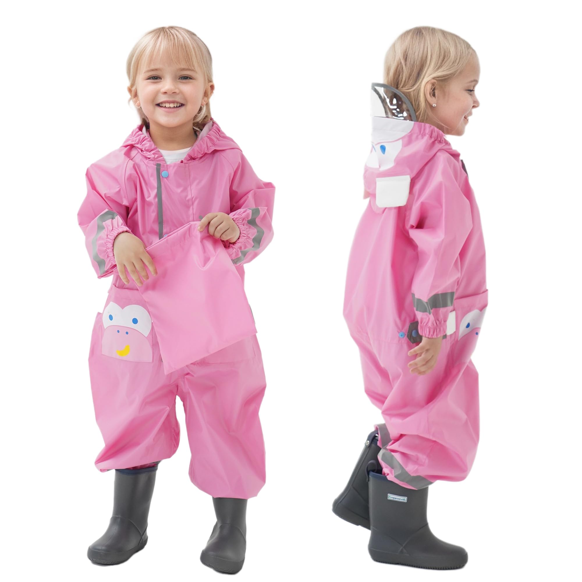 Impermeable Niño Niña Traje de Lluvia con Capucha Infantil Chubasquero Transpirable Ligero Portátil Chaqueta Impermeable y Pantalones Exterior Abrigo con Reflectante y Bolsillo para 1-9 años