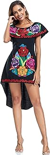 YZXDORWJ Women's Mexican Asymmetrical Dress Embroidered Floral Off-Shoulder Cocktail Latina Fiesta Dress