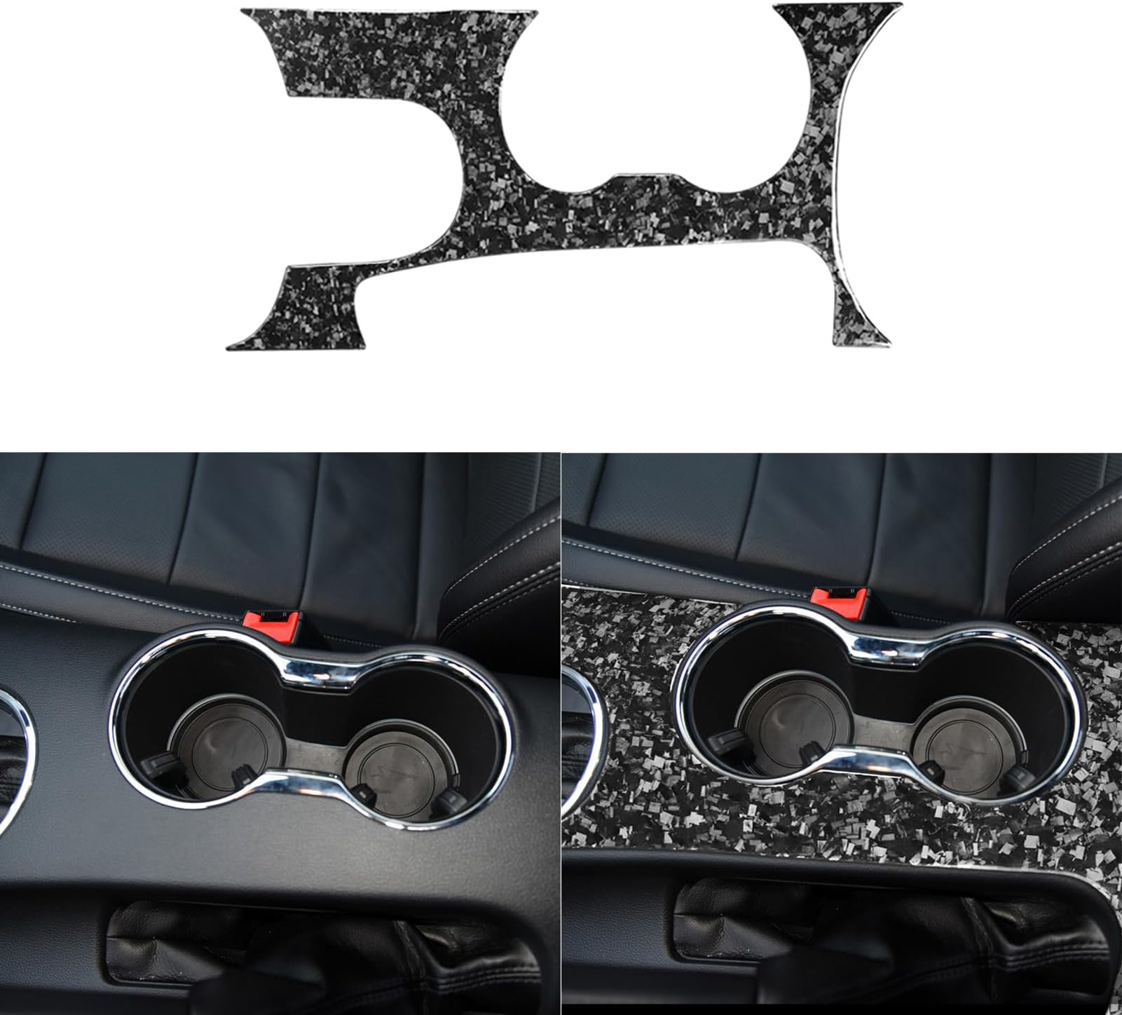Car Center Console Shift Transmission Cup Holder Side Panel Cover Trim Sticker Glossy Black Forged Carbon Fiber Decoration Compatible with Ford Mustang 2015-2020 Auto Interior Accessories