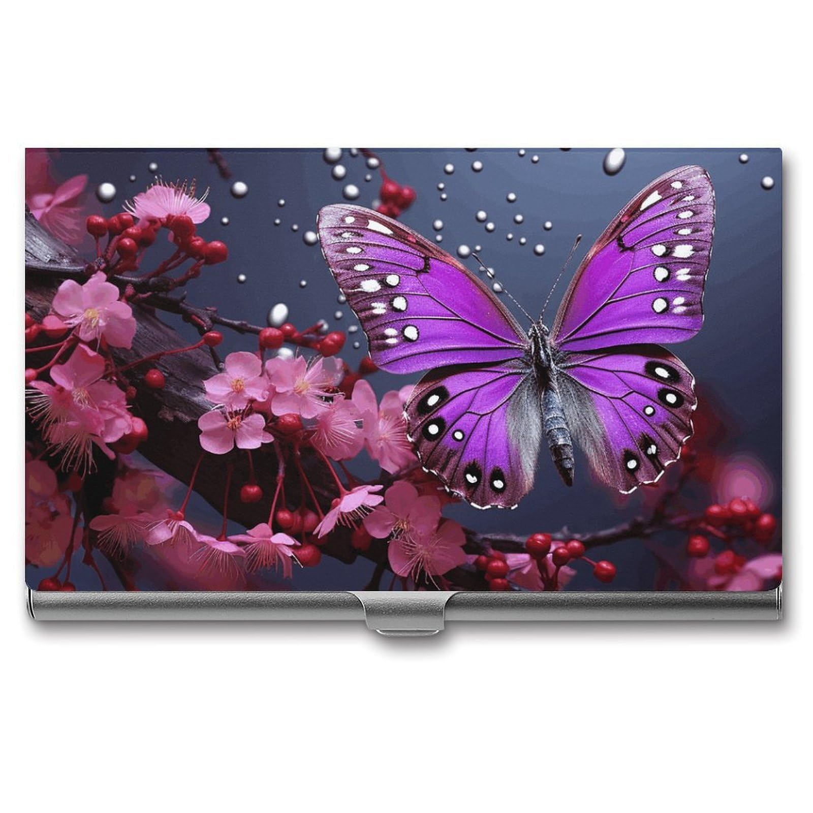 BTCOWZRV Purple Plum Butterfly Business Card Holder Metal Slim Business Card Case, Pocket Card Holder for Men Women Purse Name Card Holder Stainless Steel Wallet Credit ID Case for Office