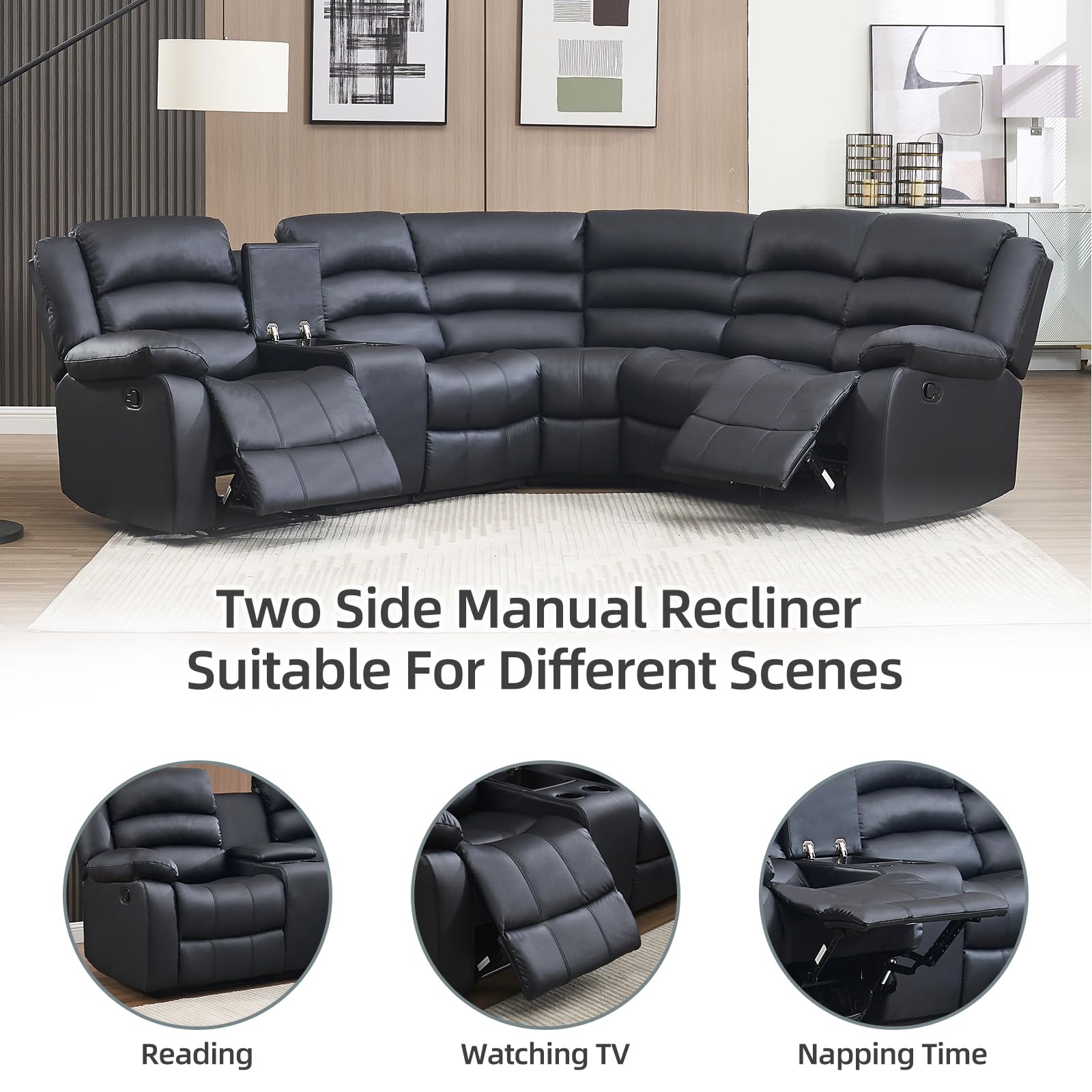 EBELLO Faux Leather L-Shaped Reclining Sectional Sofa Couch, Manual Recliner Sofa, with Cup Holders, Storage Space, a Convertible Backrest 5 Seats Home Furniture Set for Living Room, Black view 6