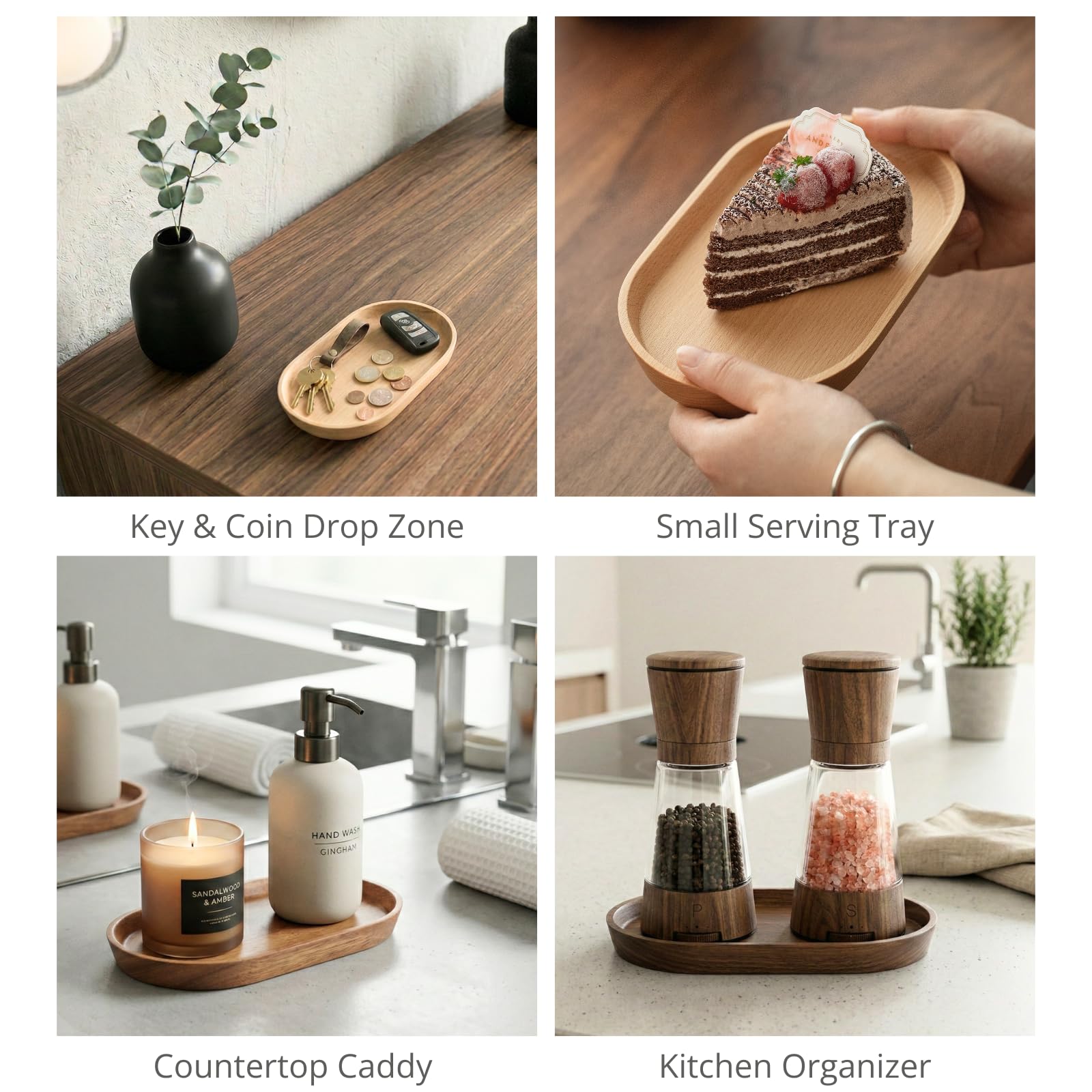 Vandroop Mini bandeja de madera para servir para fiestas, bandeja de mesa de té y café, plato de madera ovalado pequeño para frutas y aperitivos, bandeja decorativa para joyas, llaves, monedas,