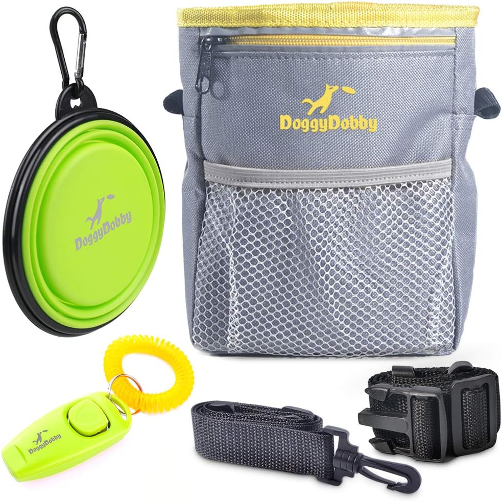 Extra Long Waist Strap Dog Training Pouch Treat Bag with Poop Bag Dispenser & Collapsible Travel Pet Water Bowl & Pet Clicker