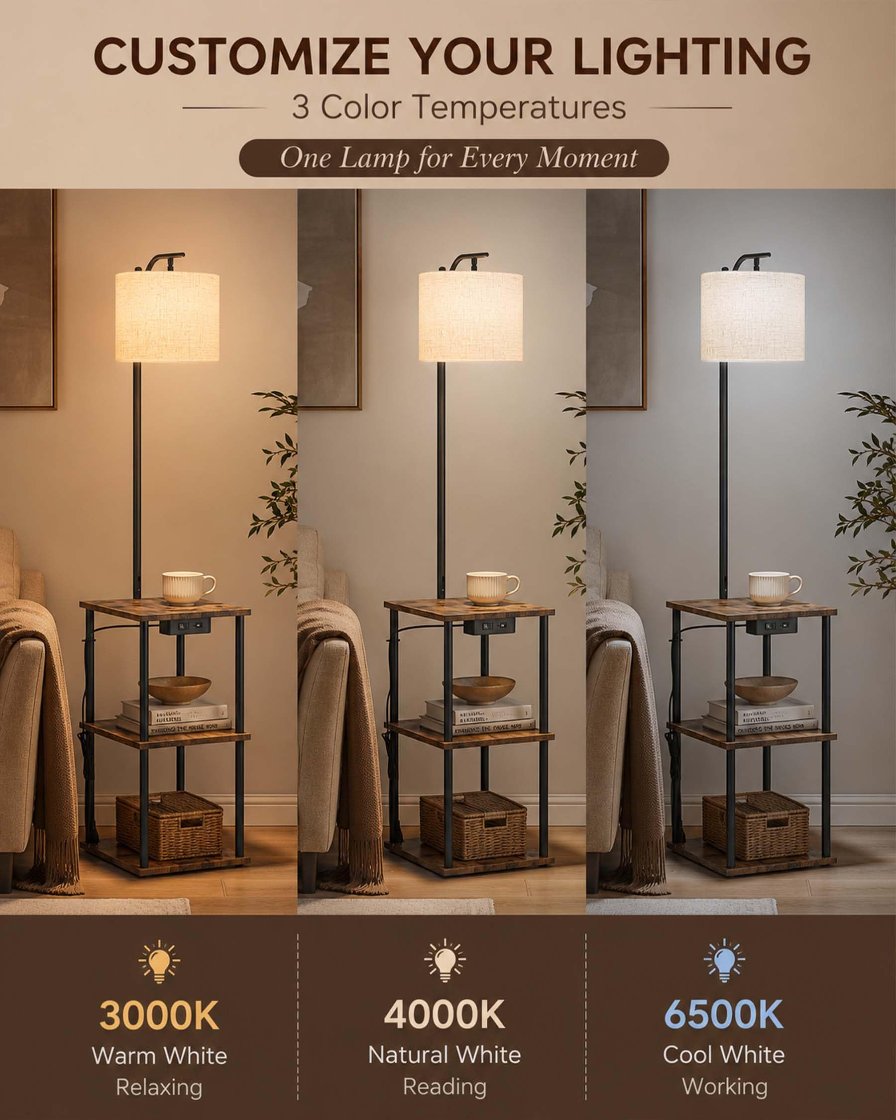 Lámpara de Pie Salón con Estantería 3 Niveles y Estación de Carga, Lámpara de Pie Madera Negra con Pantalla de Tela, Lámpara Salón de Pie Vintage, Lámpara de Pie con Mesita