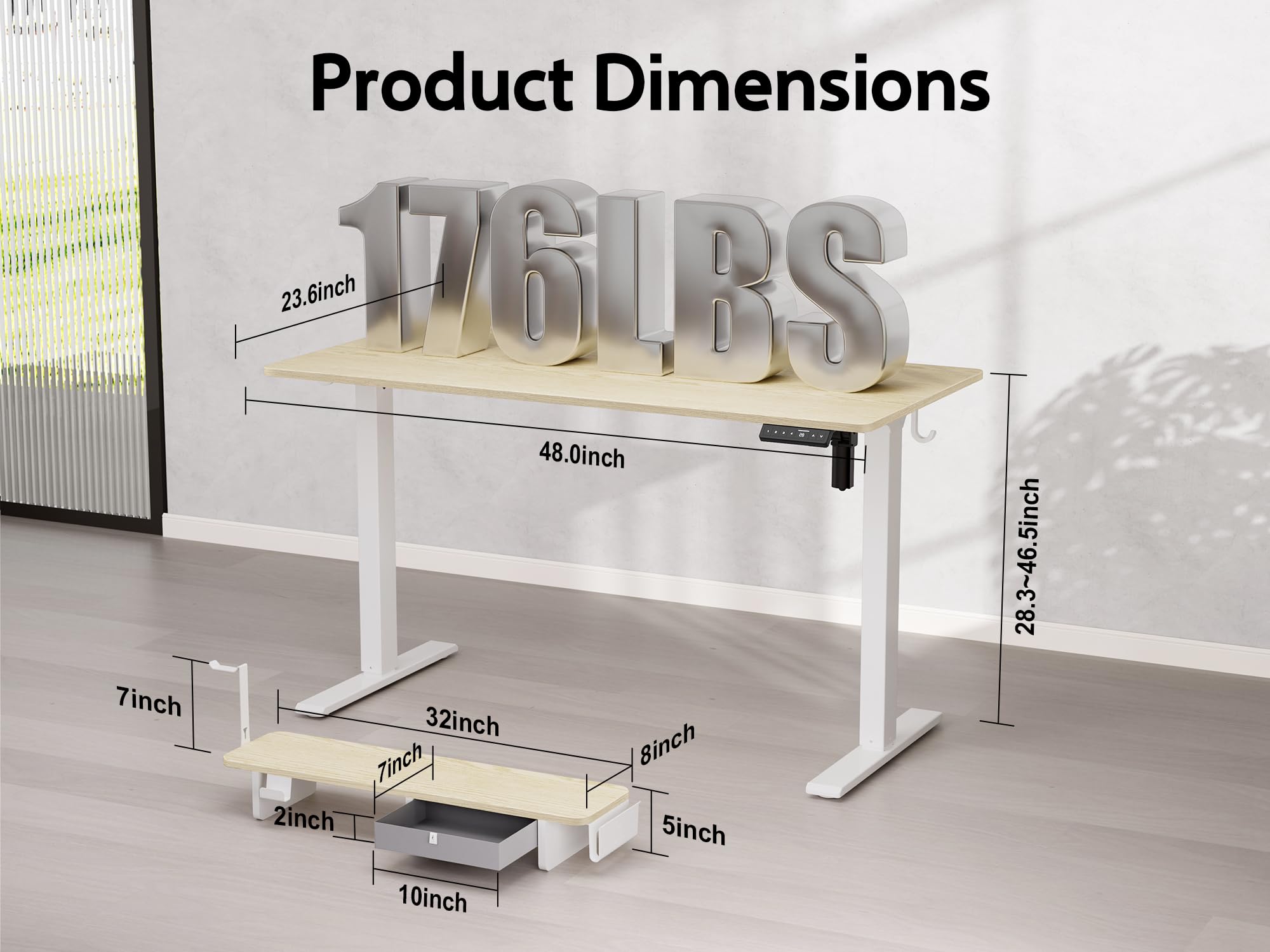 In Hoogte Verstelbaar Elektrisch Bureau met Laden, 120 x 60 cm Staand Bureau met Monitorstandaard en Houder Voor Mobiele Telefoon, In Hoogte Verstelbare Tafel Voor Thuiskantoor, 3 Haken, Eik
