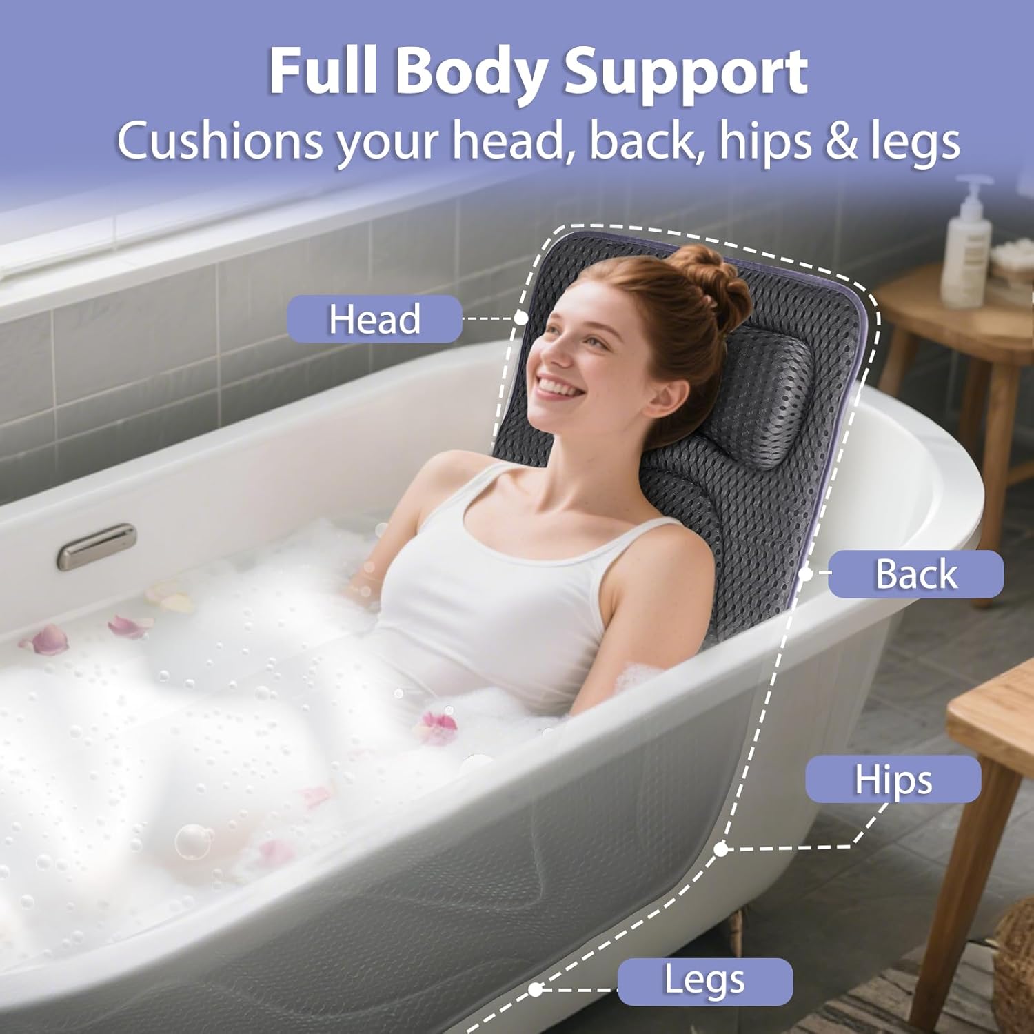 Full Body Bath Pillow for Tub -Soft Bathtub Pillow for Full Back, Head and Neck Support, Quick Dry Bath Cushion, Tub Pillow with 168 Suction Cups, Bathtub Accessories for Gift - Image 3