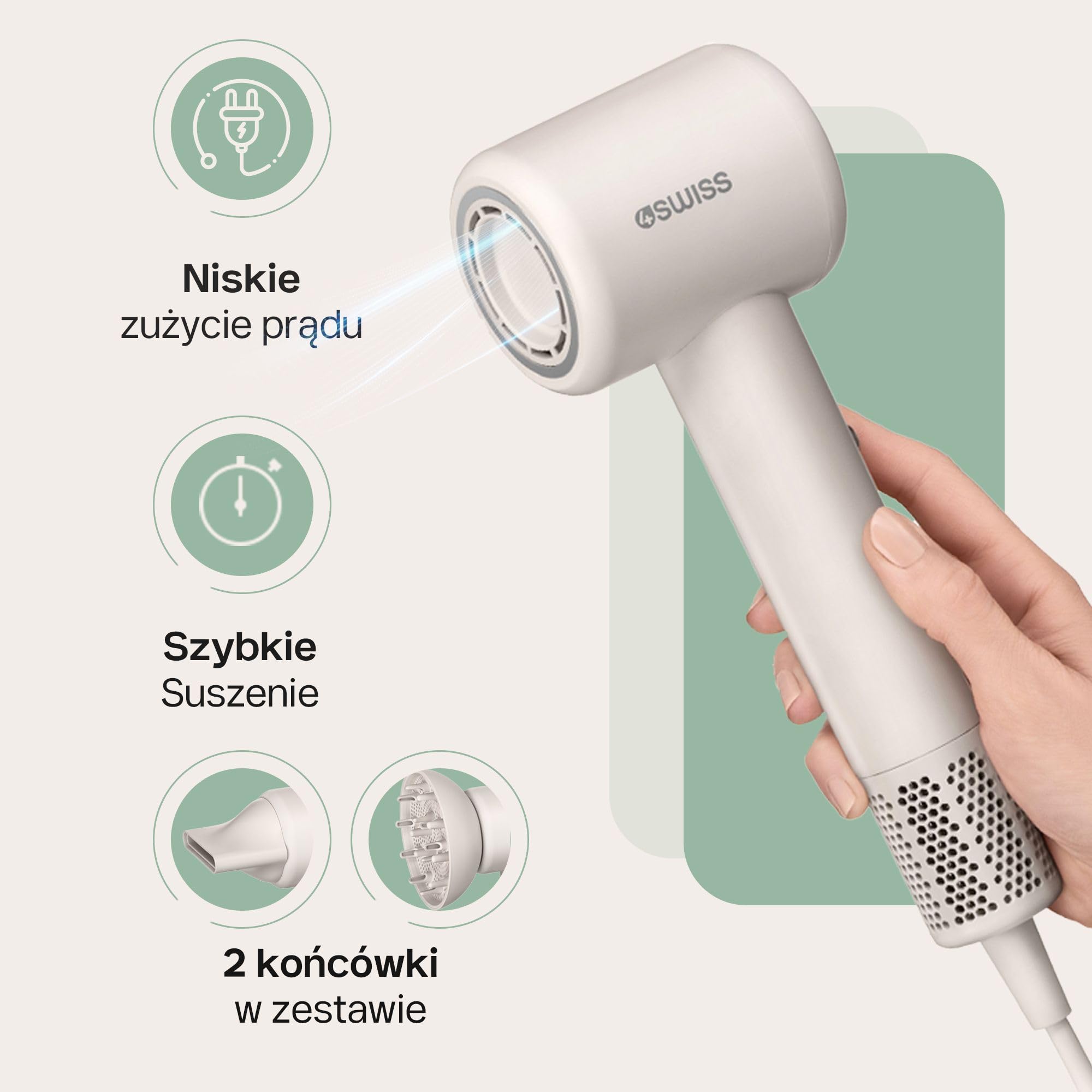 4SWISS F324 AirCare+ Suszarka do Włosów – 8 Trybów, Magnetyczna Dysza, 110,000 obr./min, Inteligentna Kontrola Temperatury, Zimny Wiatr, Szybkie Suszenie, Niskie Zużycie Energii, Lekka i Kompaktowa