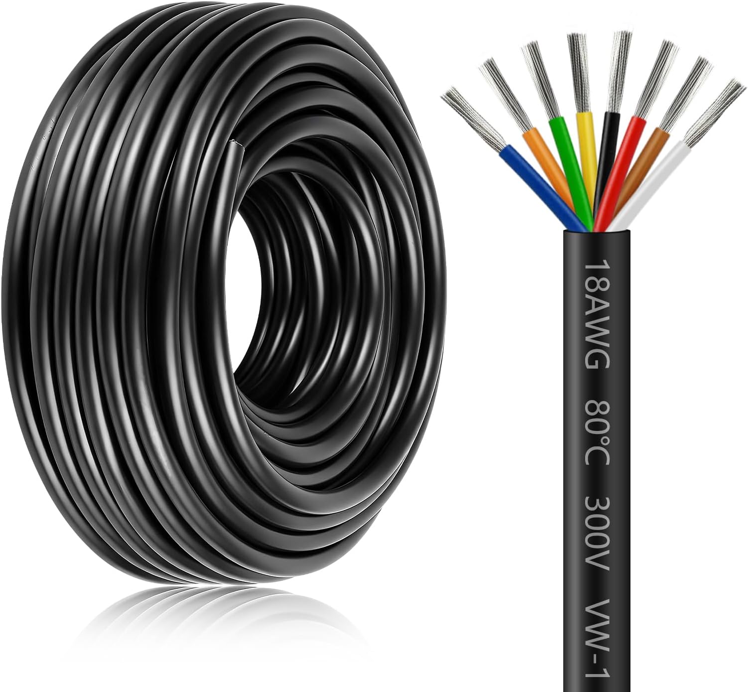 18 Gauge 8 Conductor Electrical Wire, 100FT Stranded Tinned Copper Cable, 18AWG 8 Wire Cord with Black PVC Jacket, Extension Low Voltage Cable for LED Lighting, Automotive, Speaker, Audio, Power