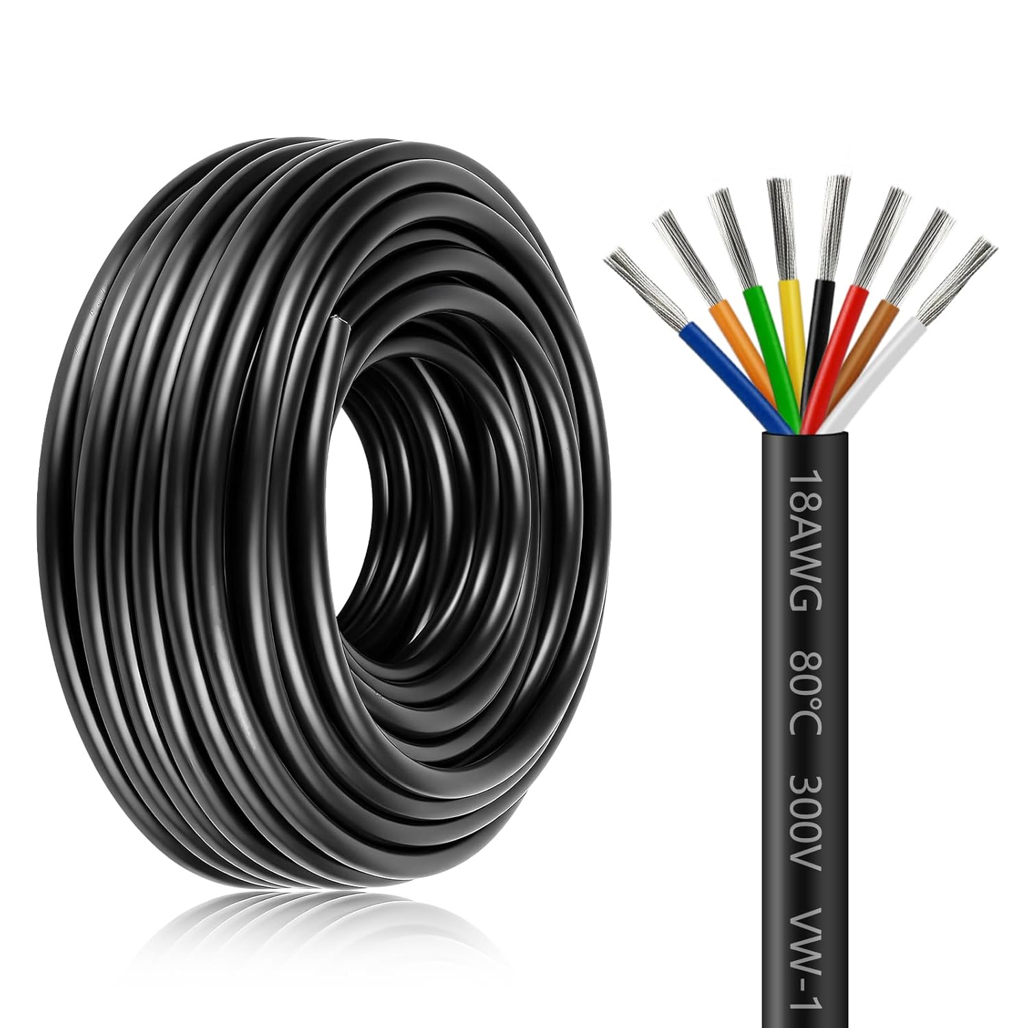 18 Gauge 8 Conductor Electrical Wire, 100FT Stranded Tinned Copper Cable, 18AWG 8 Wire Cord with Black PVC Jacket, Extension Low Voltage Cable for LED Lighting, Automotive, Speaker, Audio, Power