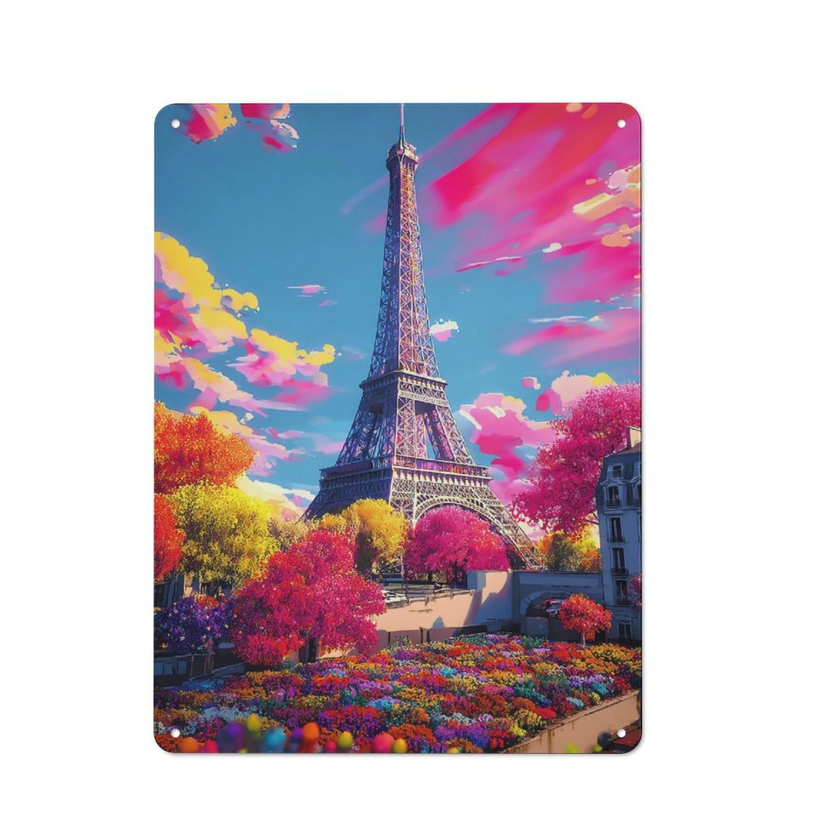 Junmoney Colorful Parisian Garden With Eiffel Tower Metal Wall Sign 40X30cm Featuring For Home Bar Wall, New Home Wall Decor For Hosts Who Enjoy Retro Interiors