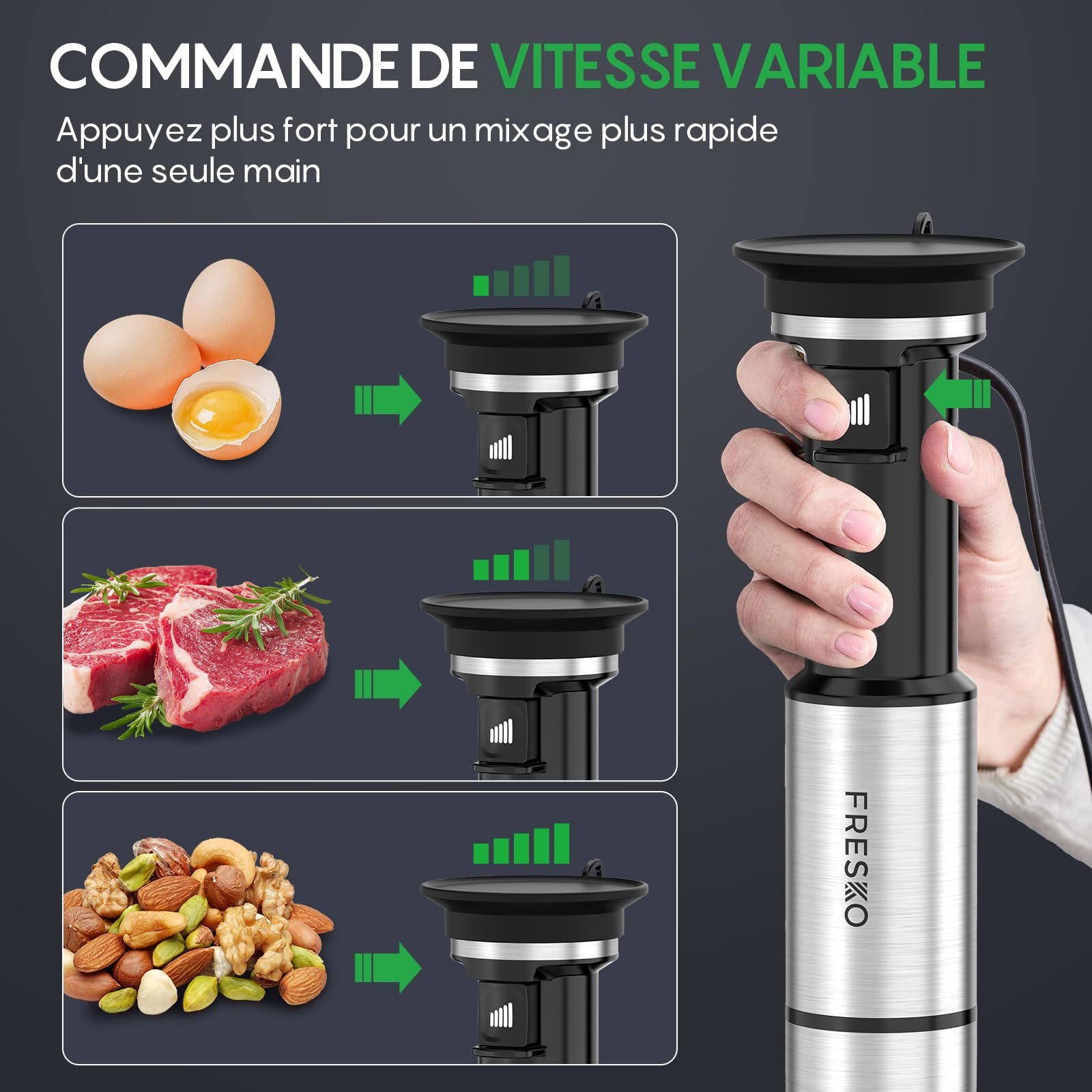 FRESKO Mixeur Plongeant 1000W avec Accessoires, Pied Mixeur Inox comprenant Fouet, Hachoir 500ml, Verre Doseur avec Couvercle & Capuchon Protecteur, Vitesses Réglables pour Smoothies, Soupes