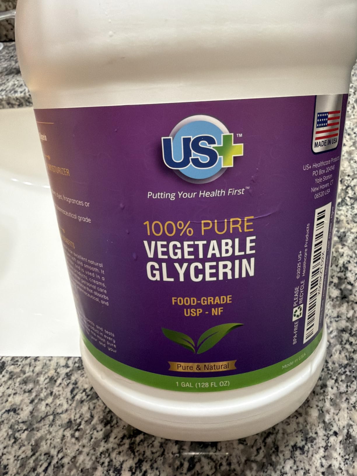 US+ 100% Pure Vegetable Glycerin - Pharmaceutical & Food Grade (USP) - Premium Quality All-Natural Moisturizer & Cleanser - For skin, hair, soaps & more (1 Gallon)