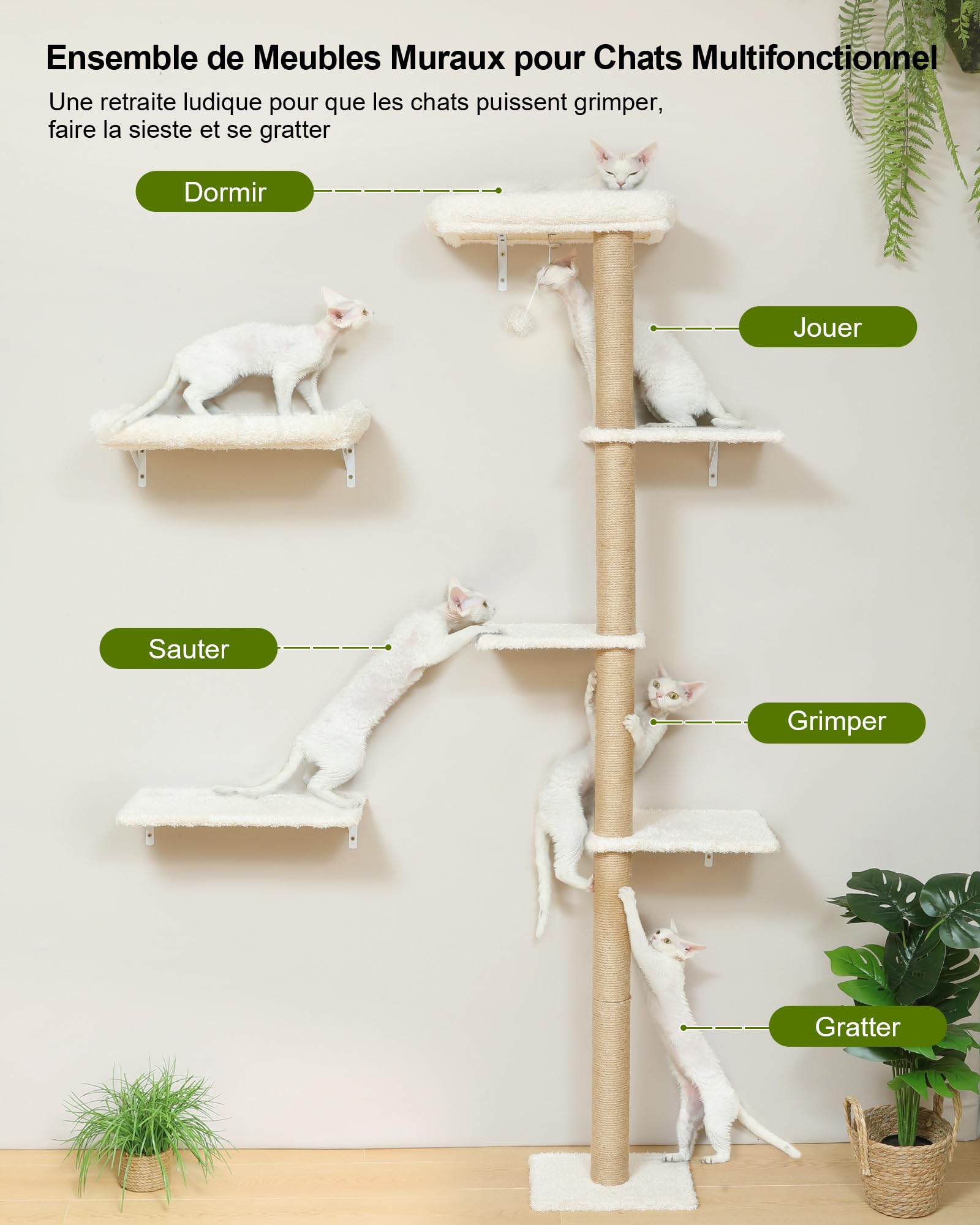 FUKUMARU Étagères Murales pour Chat,Ensemble de Meubles Stables Fixés au Mur pour Chats, Grattoir avec Perche Coussinée Douce, Mur d'escalade, Beige